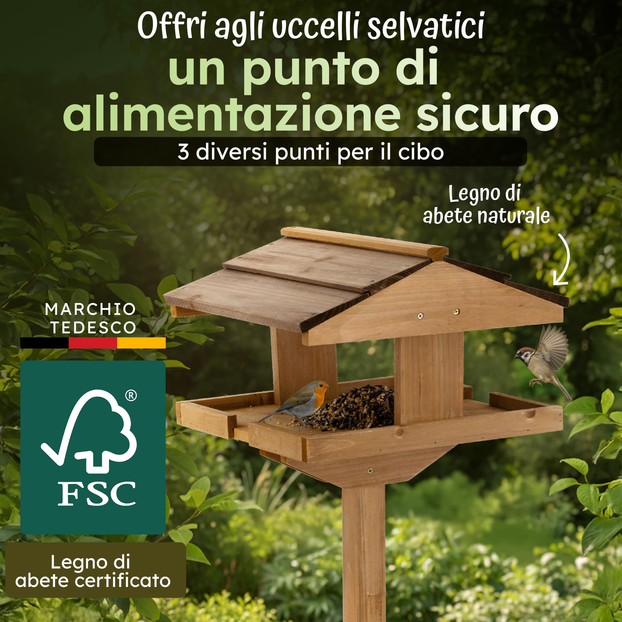 Moorland Casa per Uccelli Aperta in Legno di Abete FSC® con Supporto Alto | 114cm mangimatoia marrone tetto scuro in lame di kit da giardino terrazza resistente intemperie mangiatoia casetta VH4