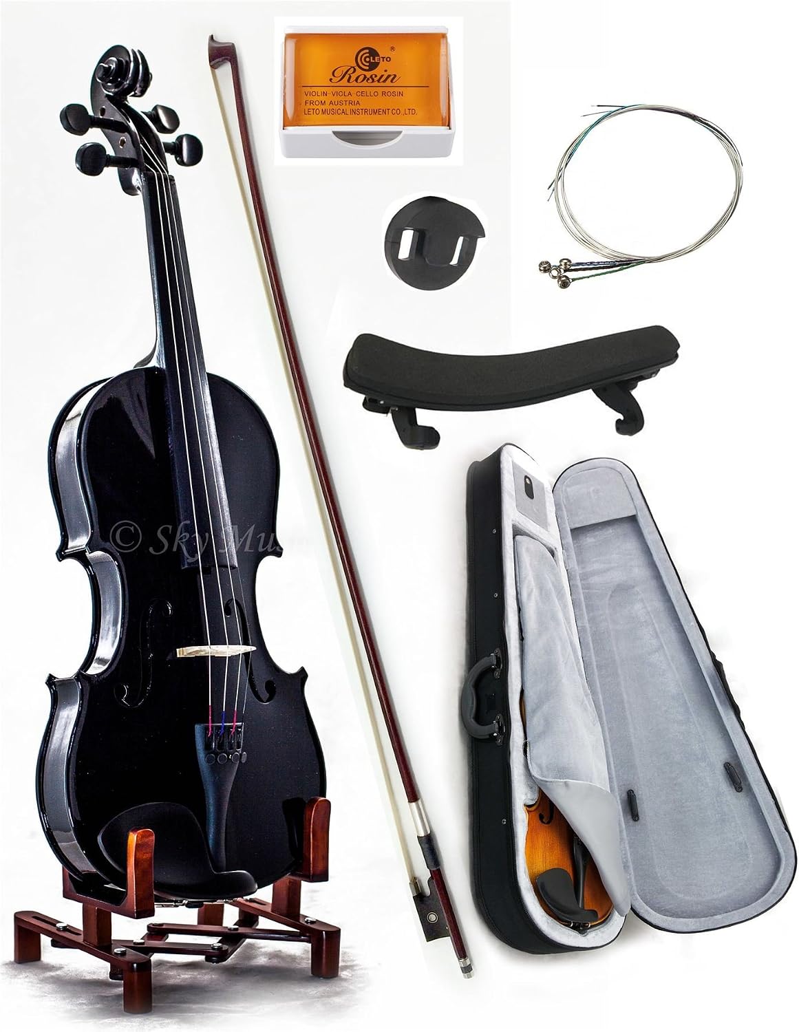 SKY 4/4 Full Size SKYVN201 Black Violin with High Quality Lightweight Case, Brazilwood Bow, Shoulder Rest, String, Rosin and Mute