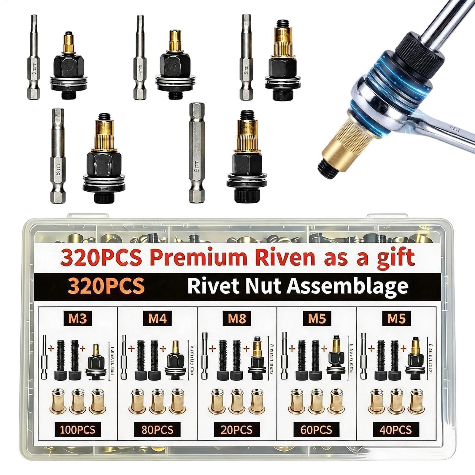 Nietmuttern-Set 320-teiliges Set M3-M8 Kohlenstoffstahl-Gewindeeinsätze