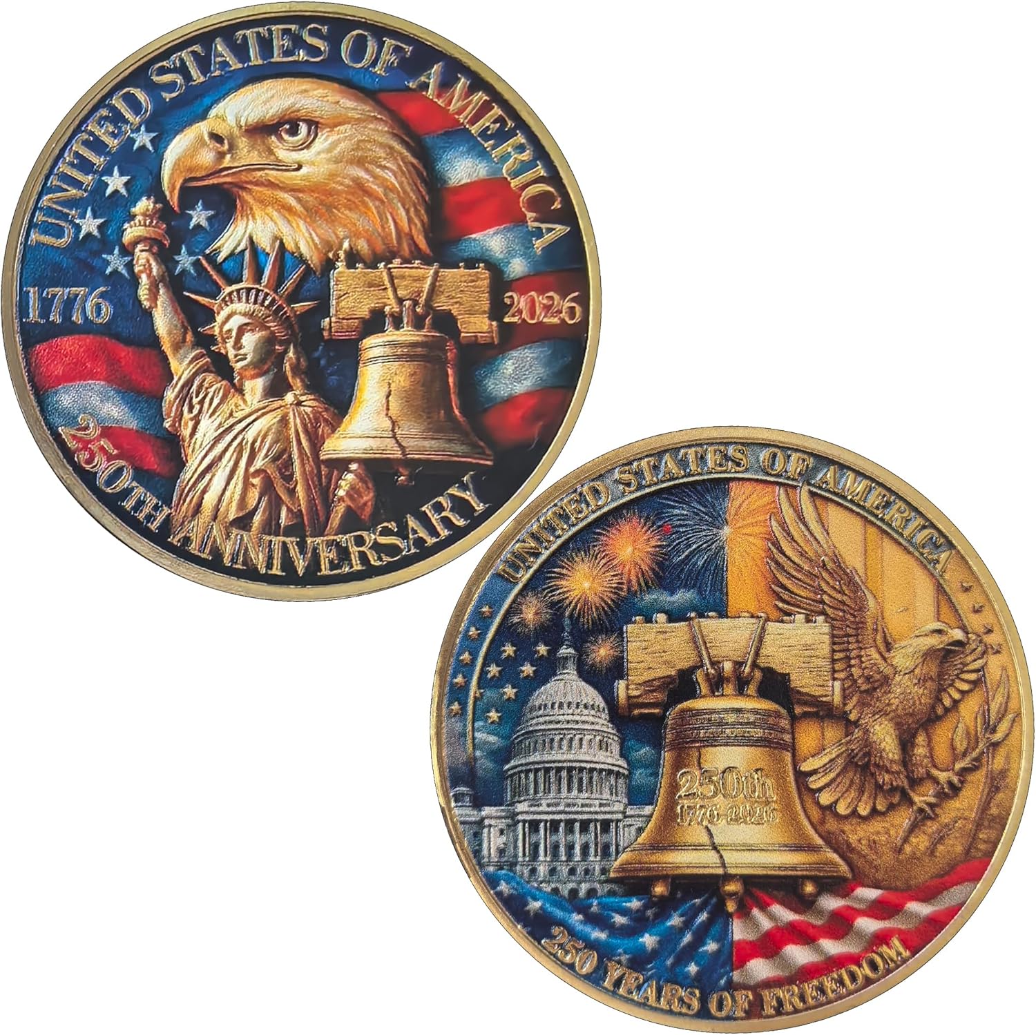 American 250th Anniversary Challenge Coin – Statue of Liberty & Freedom Bell Design, 1776-2026 US Patriotic Metal Token with Protective Case