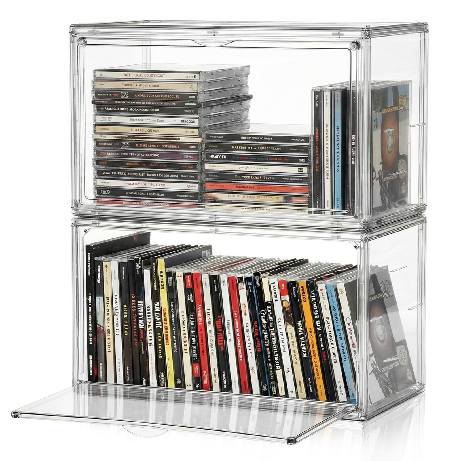 Paquete de 2 cajas de almacenamiento de DVD y CD de acrílico apilables, organizador de CD de plástico transparente con cubierta magnética abatible a prueba de polvo, almacenamiento de medios para