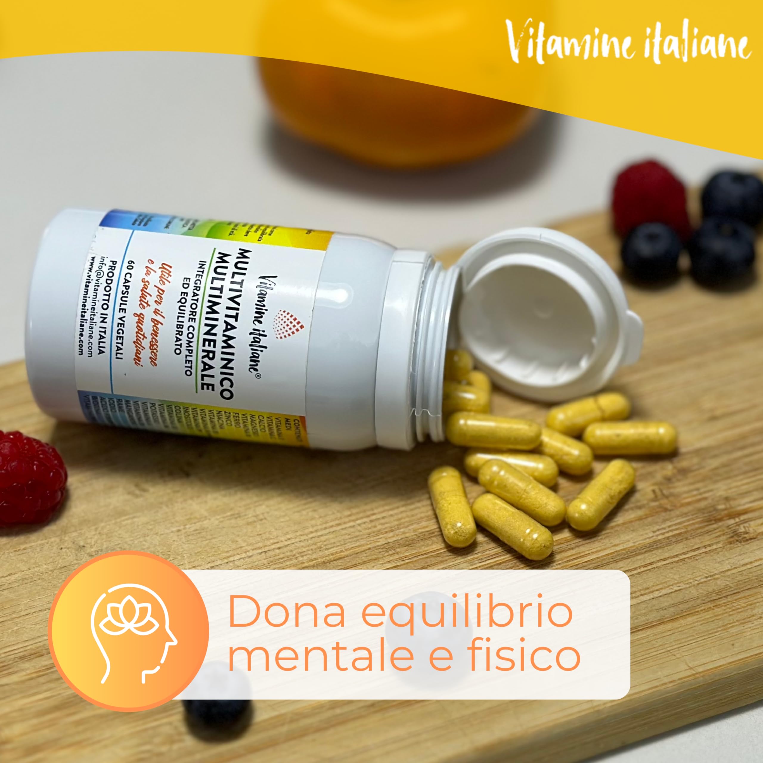 Vitamine Italiane® - Integratore Multivitaminico Completo - a base di Vitamine A, B, C, D, E, H, Zinco, Ferro, Potassio e Acido Folico - Senza Additivi - Made in Italy (60 Capsule (Confesione da 3))
