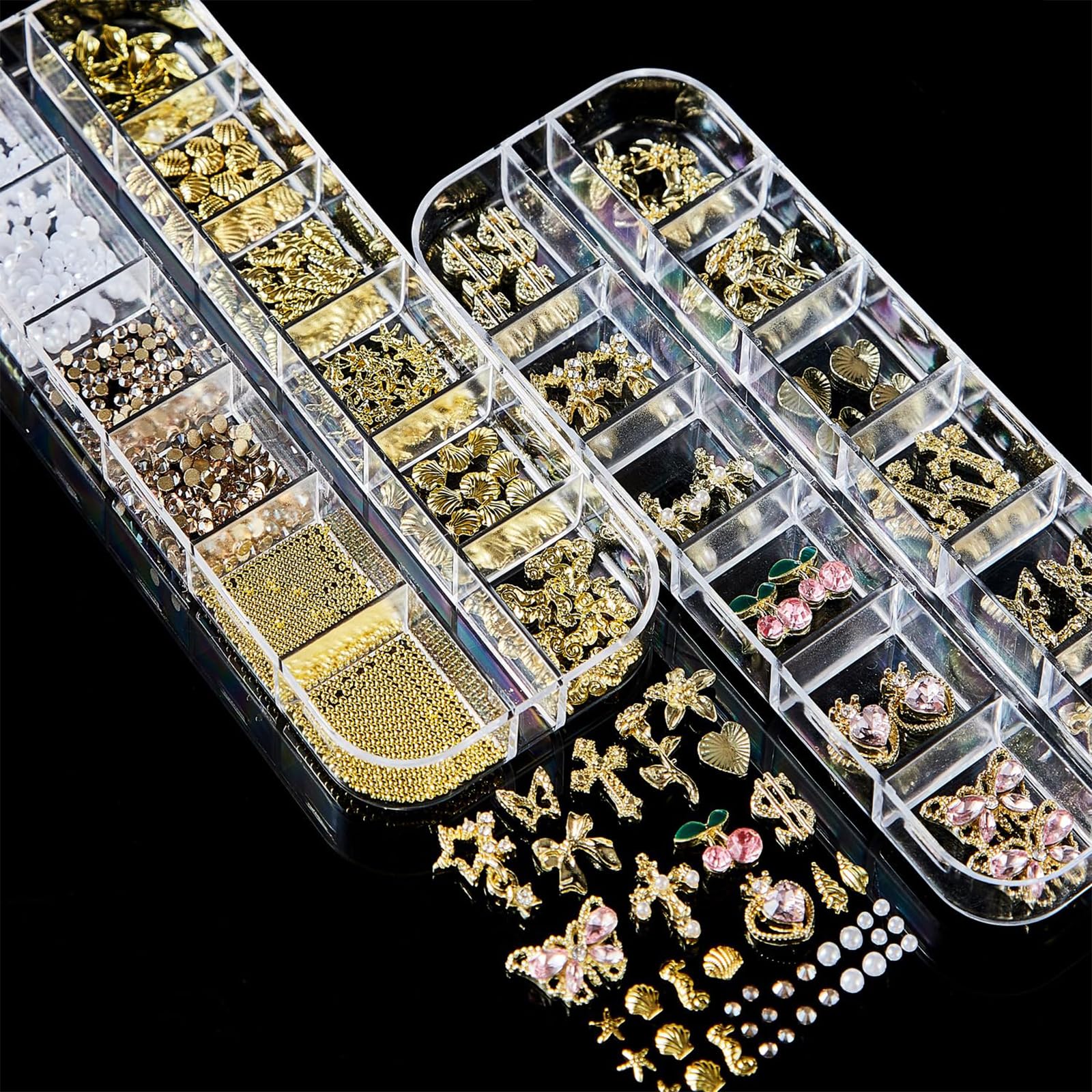 Goldene Nail Art Strassstein, różowa dekoracja do paznokci z wisiorkiem, 4 pudełka z kamieniami do paznokci, koraliki do paznokci 3D, motyle, wiśnie, wisiorki do paznokci