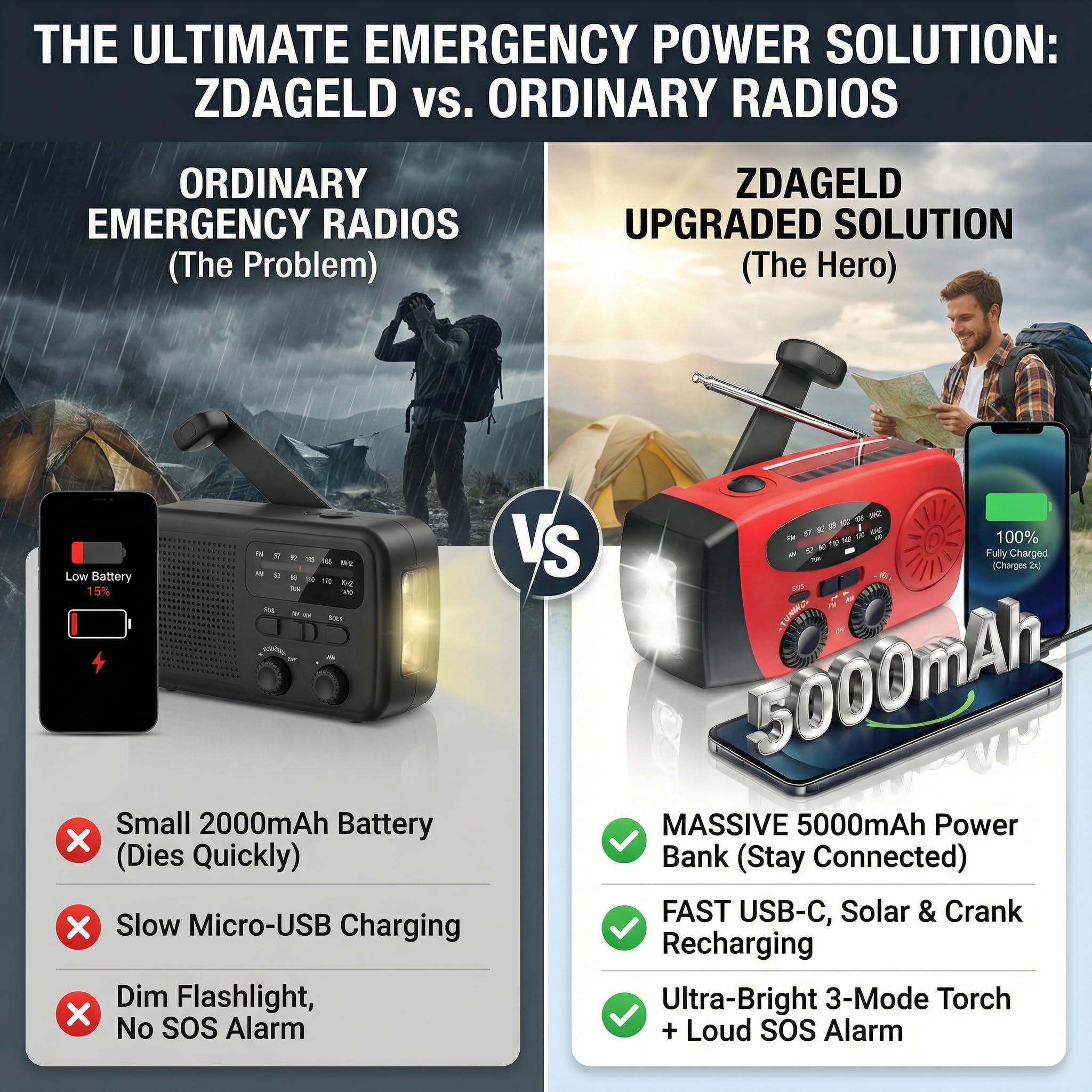 Radio Solar de Emergencia 5000mAh, ZDAGELD Radio Manivela Am/FM, Portátil Power Bank con Linterna LED, USB-C, SOS, Equipo de Supervivencia para Camping, Senderismo y Cortes de Luz