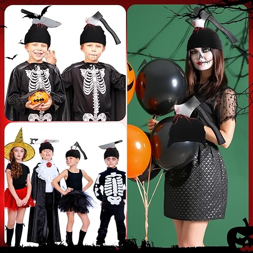 Miniatura 6 de Suhine 3 piezas de sombrero de cuchillo aterrador de zombi de Halloween, accesorios de disfraz de zombi, sombrero de terror con hacha de cuchillo