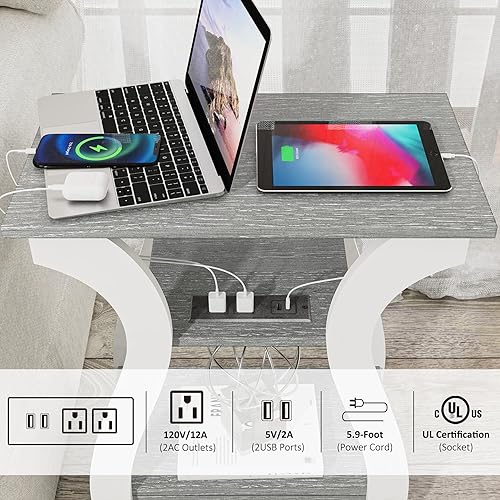 Miniatura 7 de Mesas auxiliares para sala de estar, mesa auxiliar gris con estación de carga, mesa auxiliar gris, mesita de noche para dormitorio, mesa auxiliar de
