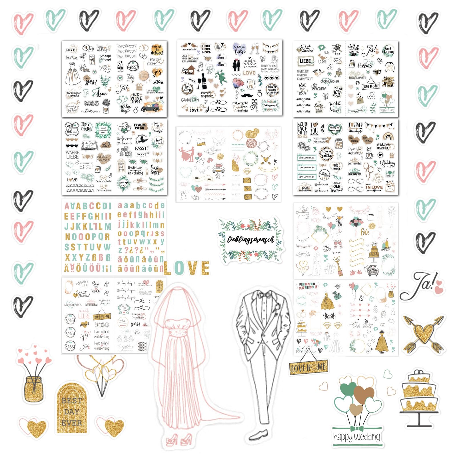 534 Piezas Pegatinas de Boda, Pegatinas de Libro de Visitas de Boda, Pegatinas de Boda Vintage, Pegatinas de Amor, Llenas de Amor, para Álbumes de Boda, Invitaciones, Álbumes de Recortes