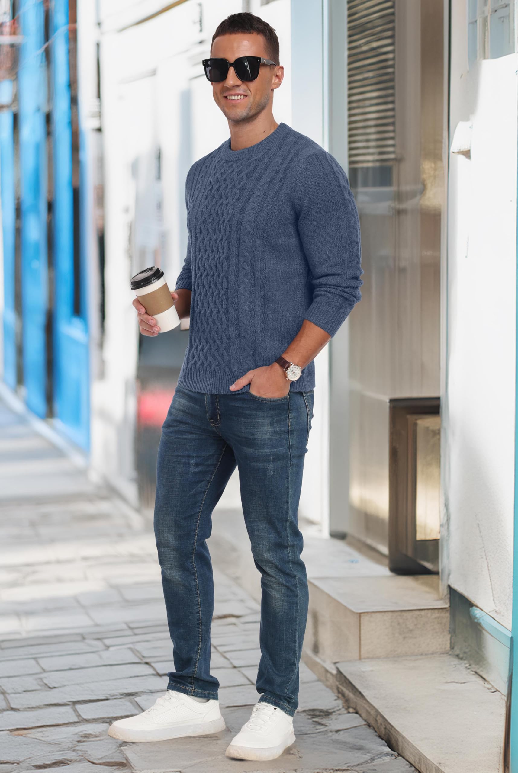 Hisir Pull d'hiver en tricot épais pour homme - Col rond - Chaud - Manches longues - Pull à col rond - Pour homme