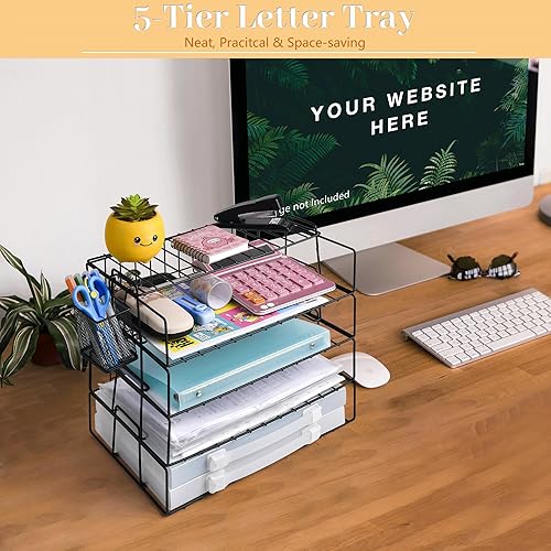 Miniatura 6 de Sishynio Organizador de archivos de escritorio, bandeja de papel apilable de 5 niveles con soporte para bolígrafos, accesorios de escritorio de