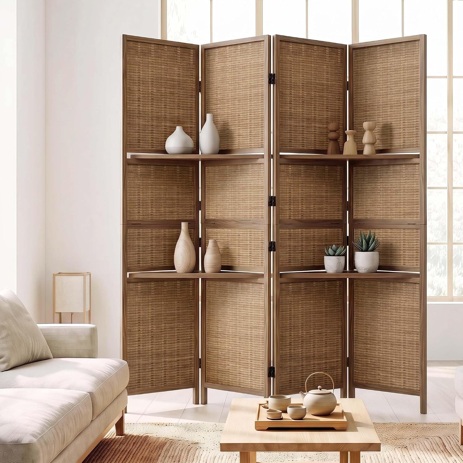 Svimi Bamboo Room Divider with 2-Tier Shelves, 4 Panel, 63 x 67 in, Brown