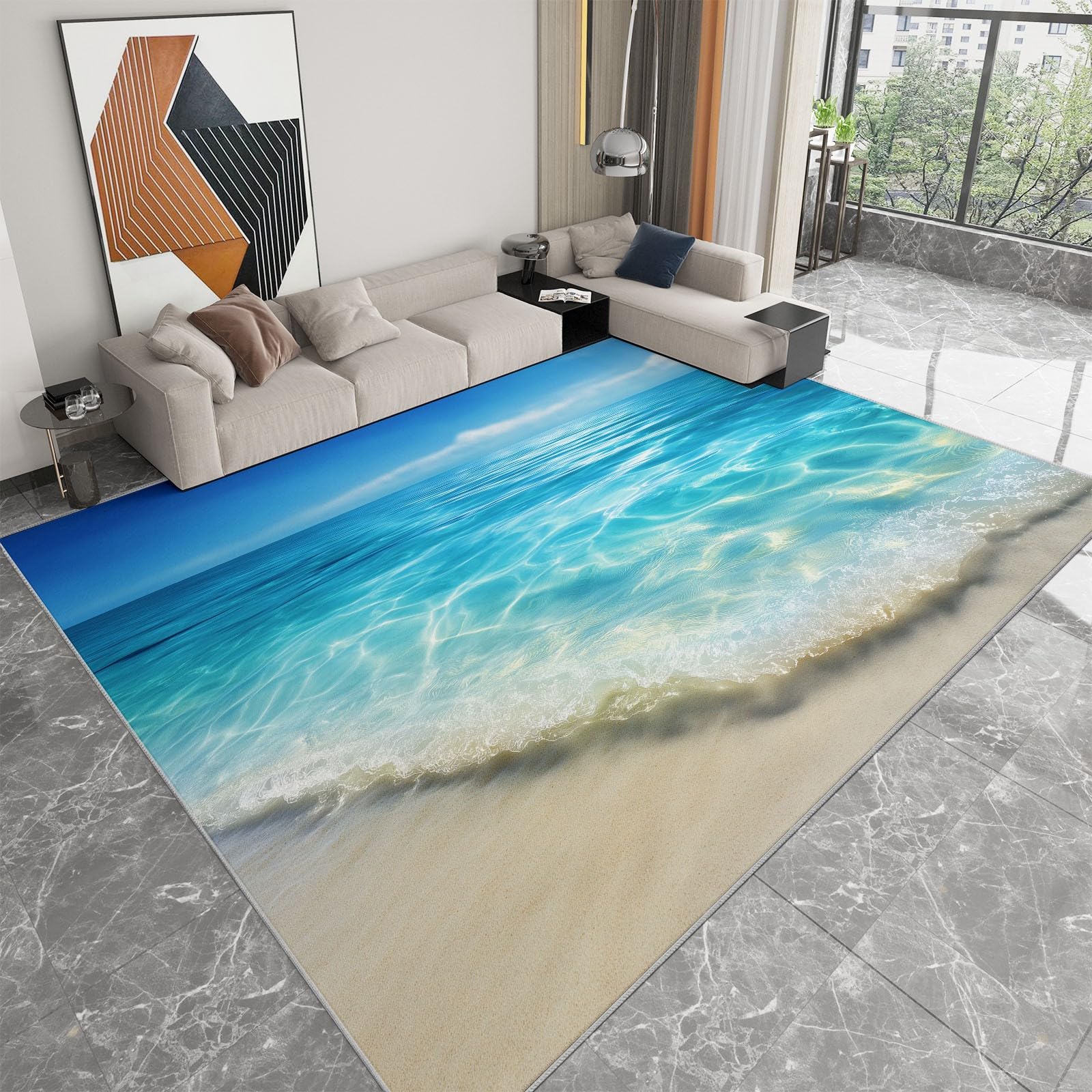 Tapis de Zone Océan Plage Lavable en Machine 80 x 150 cm, Tapis à Faible Poil Antidérapant avec Imprimé Côtier Réaliste Vagues - pour Salon Chambre à Coucher Entrée Bureau à Domicile, Bleu