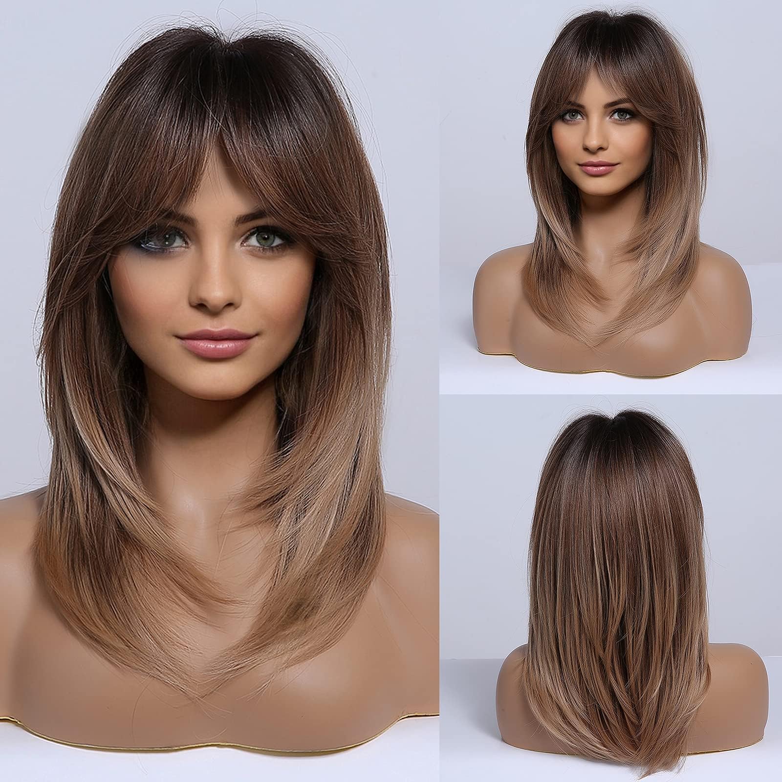 SYOSI Long Layered Wigs for Women Synthetic Hair Wig with Bangs Ombre Brown to Blonde with Dark Roots for Women Natural As Real Hair Cosplay Daily Party Wig