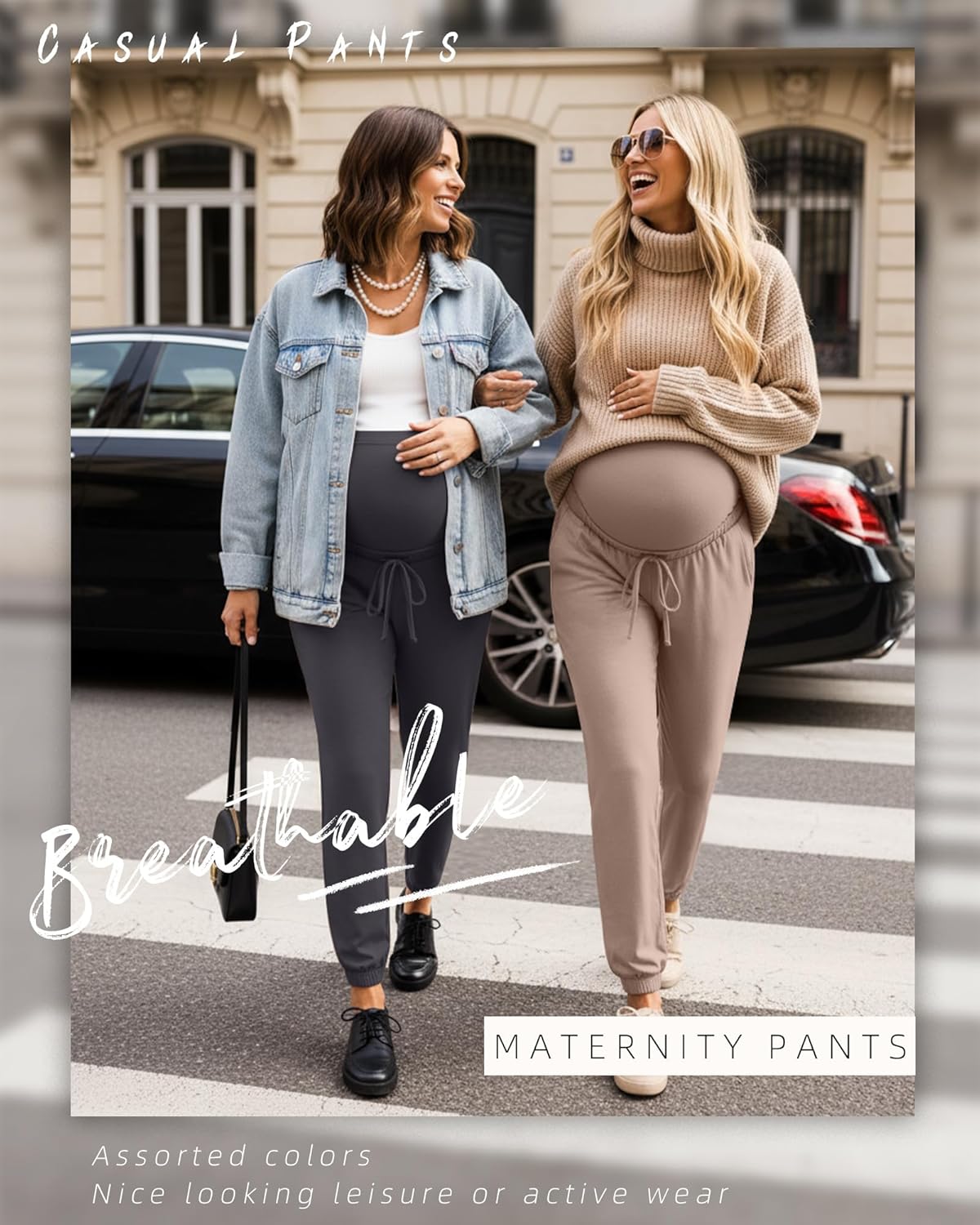 3 Pack Women's Maternity Pants Over The Belly Pregnancy Joggers Stretchy Drawstring Leggings with Pockets - Image 2