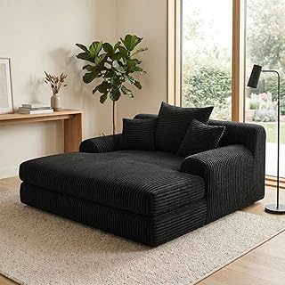 Cord-Sofa mit Chaiselongue, Modernes Wohnzimmer-Couch mit 3 Kissen,XXL-Sessel,bodensofa,Gemütliche Lounge-Couch in Schwarz