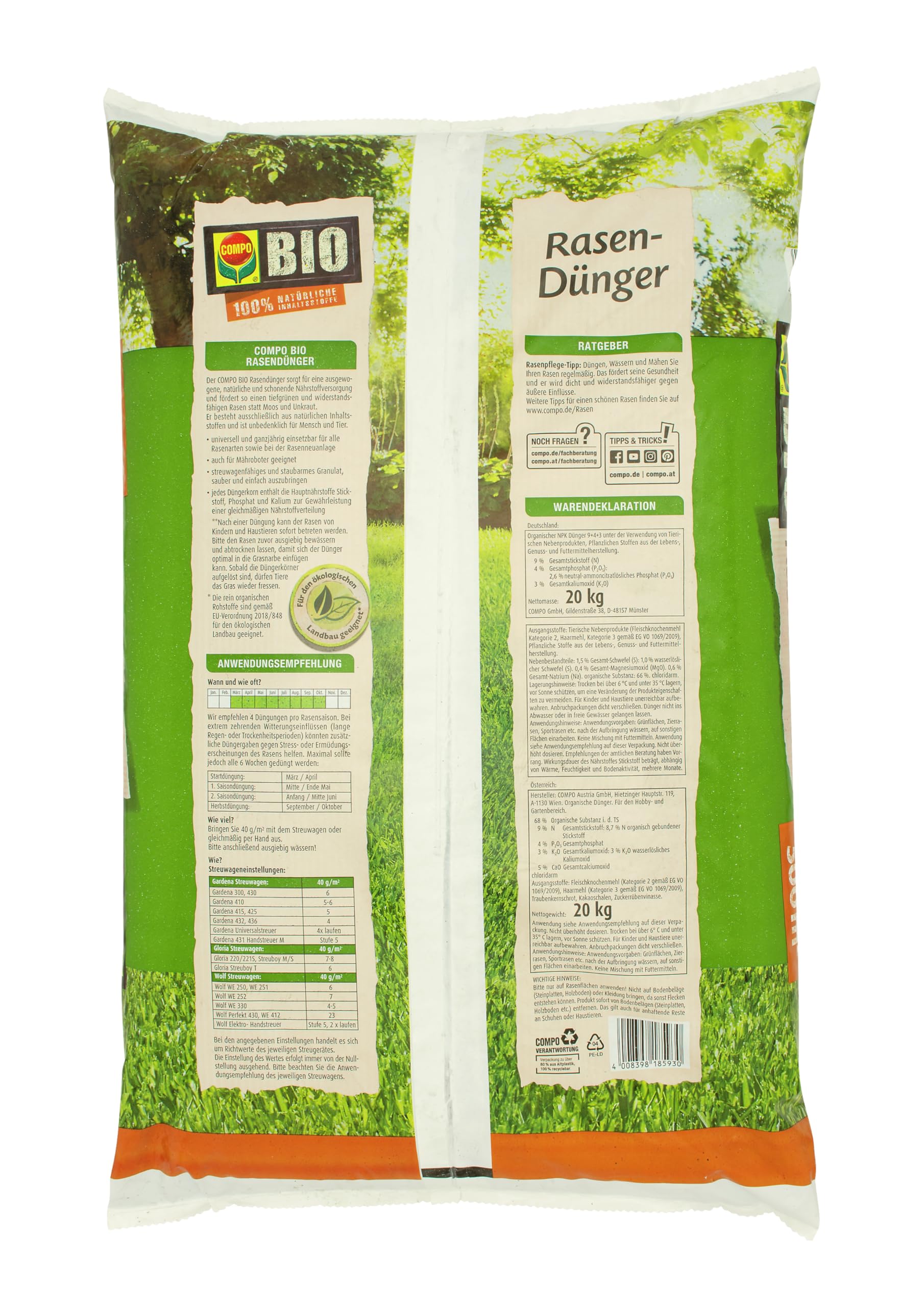 COMPO Engrais bio pour gazon 20 kg, engrais naturel avec effet longue durée pour 500 m²