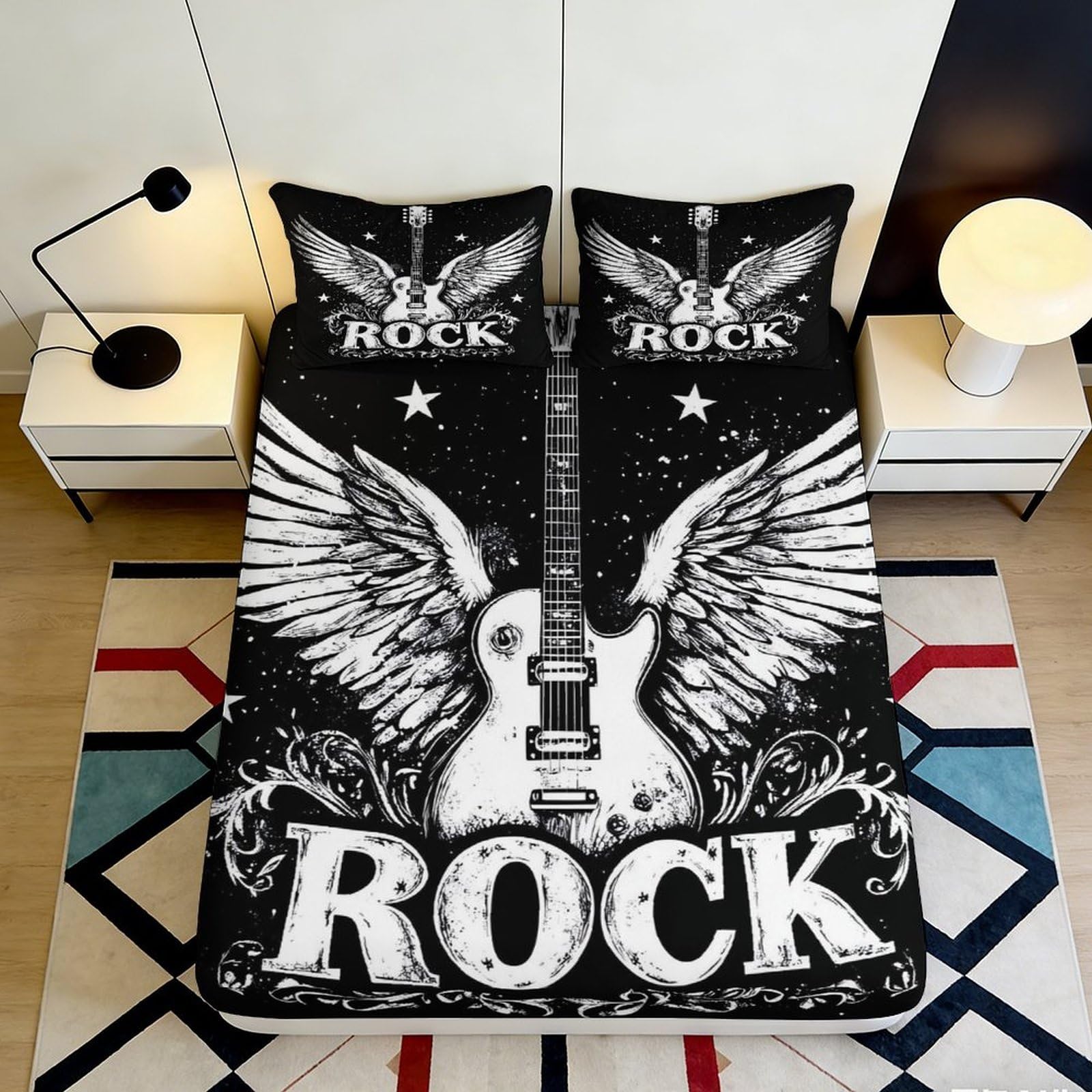 3D Printed Rock Guitar Wings Fitted Sheet Microfiber Black Music Bed Cover for Bedroom Dorm Mattress Decor 90x200x25cm