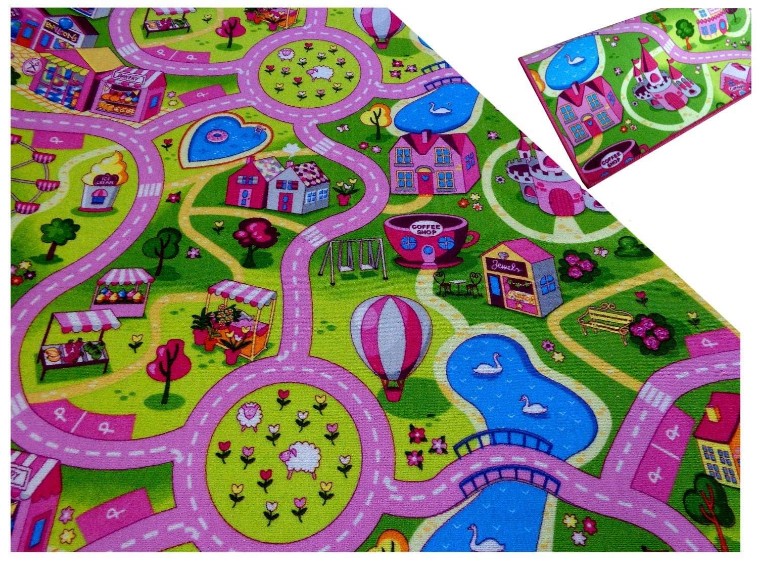 Kinderteppich Spielteppich Straßenteppich Sweet City Rosa Pink Kinderzimmer Häuser Teppich für Mädchen (160 x 220 cm)