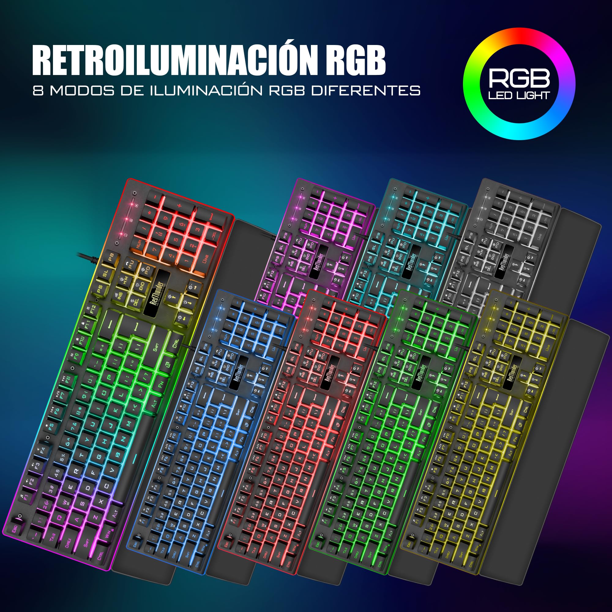 RedThunder K10 Juego 3 en 1 de Teclado, Ratón y Reposamuñecas de Cuero, Retroiluminación RGB + Tacto Mecánico, Teclas Anti-Ghosting + Ratón 7D 7200DPI, Layout Español, Compatible con PC/PS5/Xbox Negro