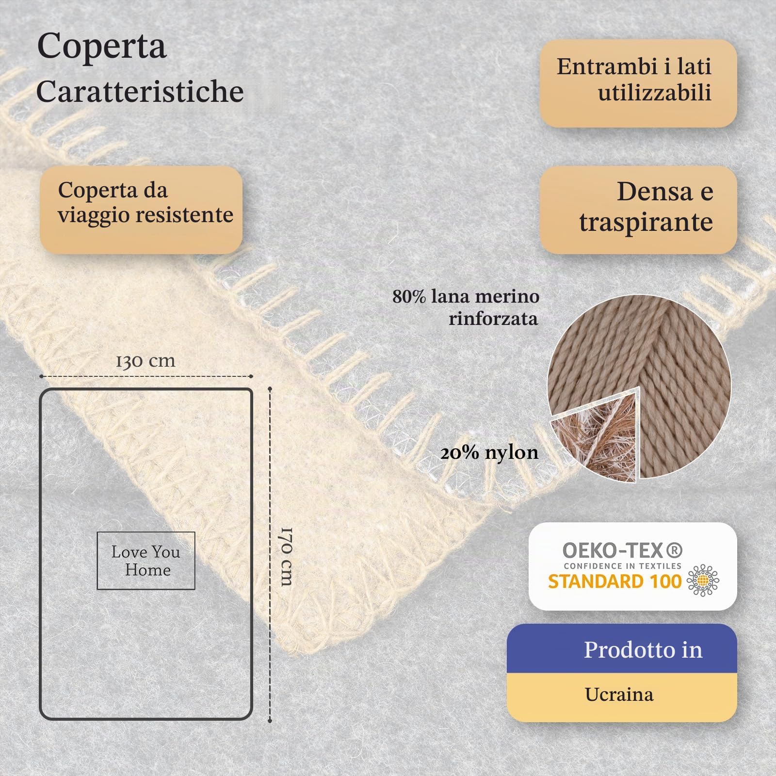 Coperta in Lana Merinos, Plaid Caldo per Divano e Letto Singolo 130x170 cm | Coperta 80% Lana Merinos, 20% Nylon, OEKO-TEX. per Divano, Auto, Viaggio, Picnic, Casa, Mezza Stagione | Senape - Grigio