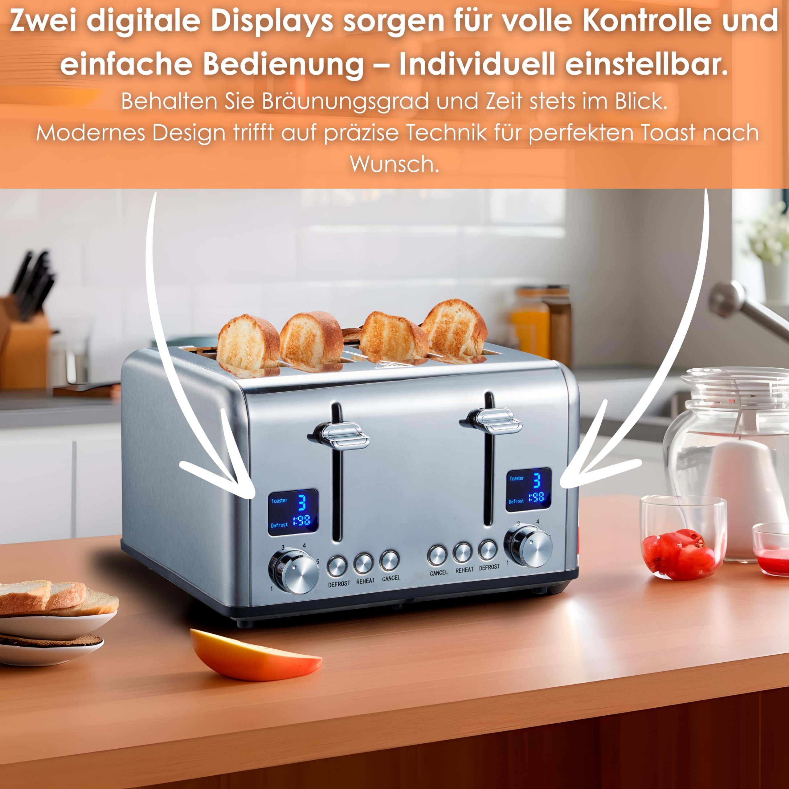 Steinborg Toaster Langschlitz | Digitales Display mit Countdown | Beleuchtete Tasten | 4 Scheiben Toastautomat | XXL Toaster | 1630 Watt | Brötchenaufsatz | Auftau-Funktion | Krümmelschublade |