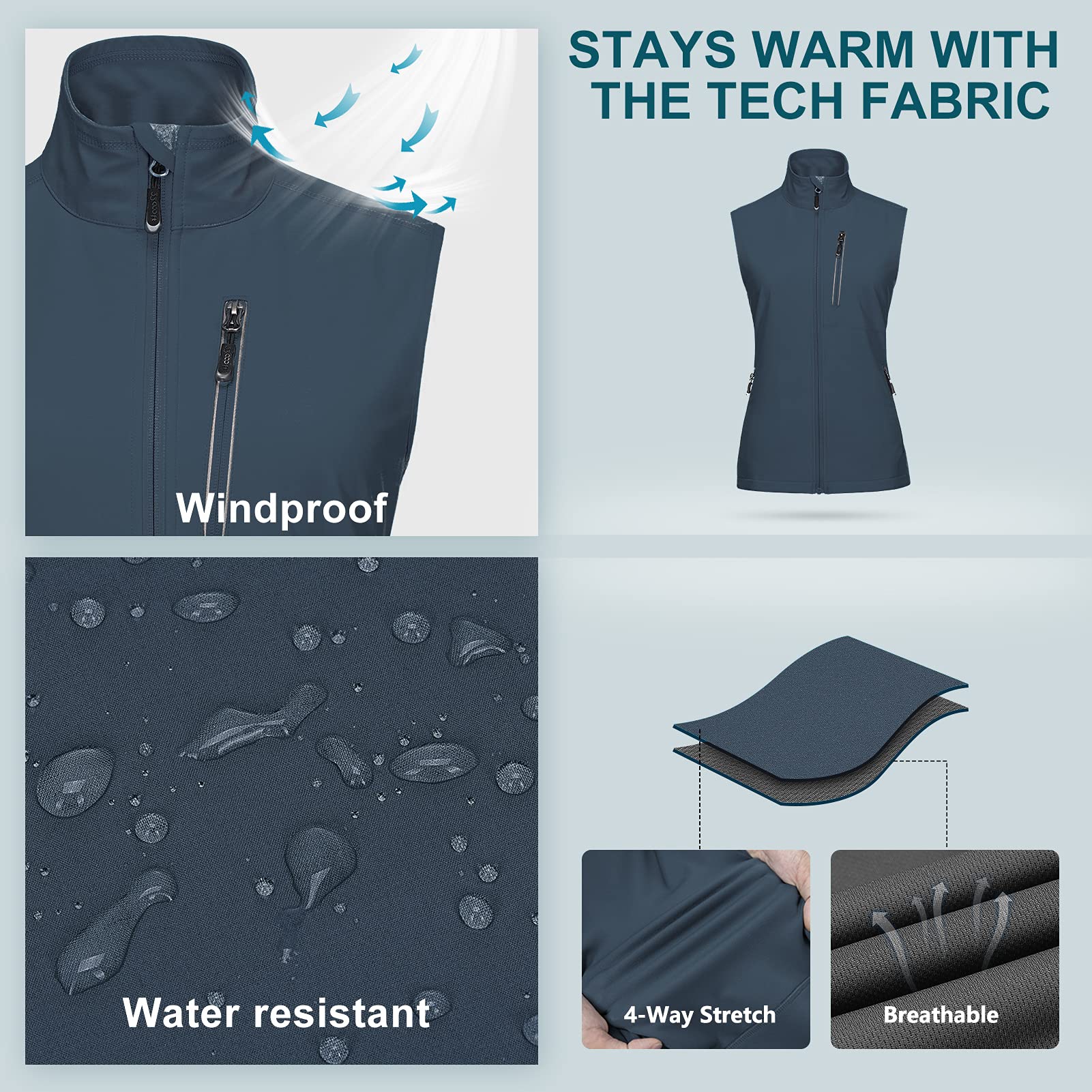33,000ft Chaleco Outdoor Mujer, Chaqueta Soft Shell Sin Mangas, Ligera, Cortaviento, Impermeable, Transpirable, Chaleco Running, Chaleco Casual Deportivo