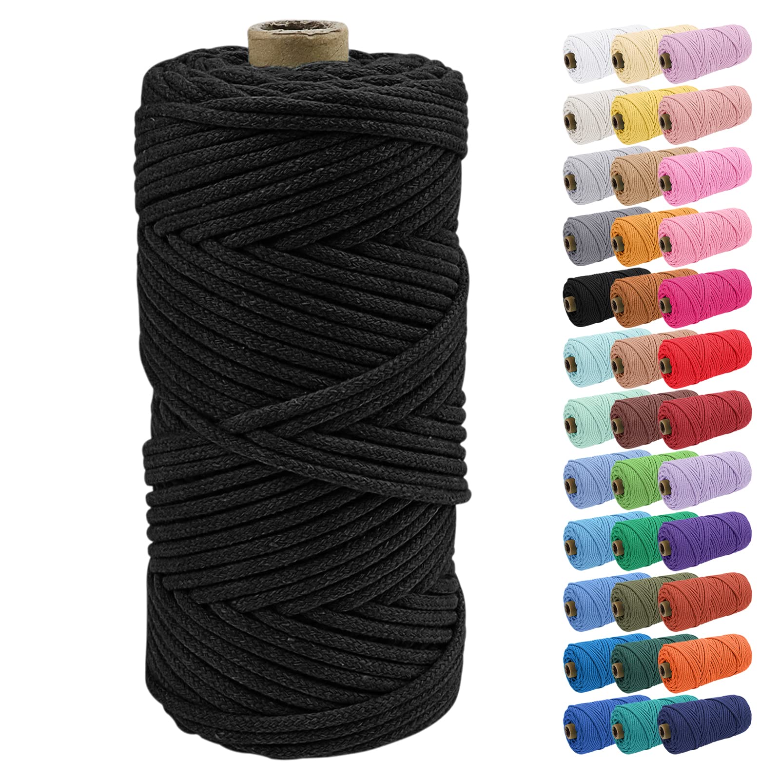 Uiopa 4mm Macrame Cord, 100m Braided Cotton Macrame Rope, Black Macrame Craft Rope for Crochet Bags, Wall Hangings, Plant Hangers, Dream Catchers, DIY Craft Projects