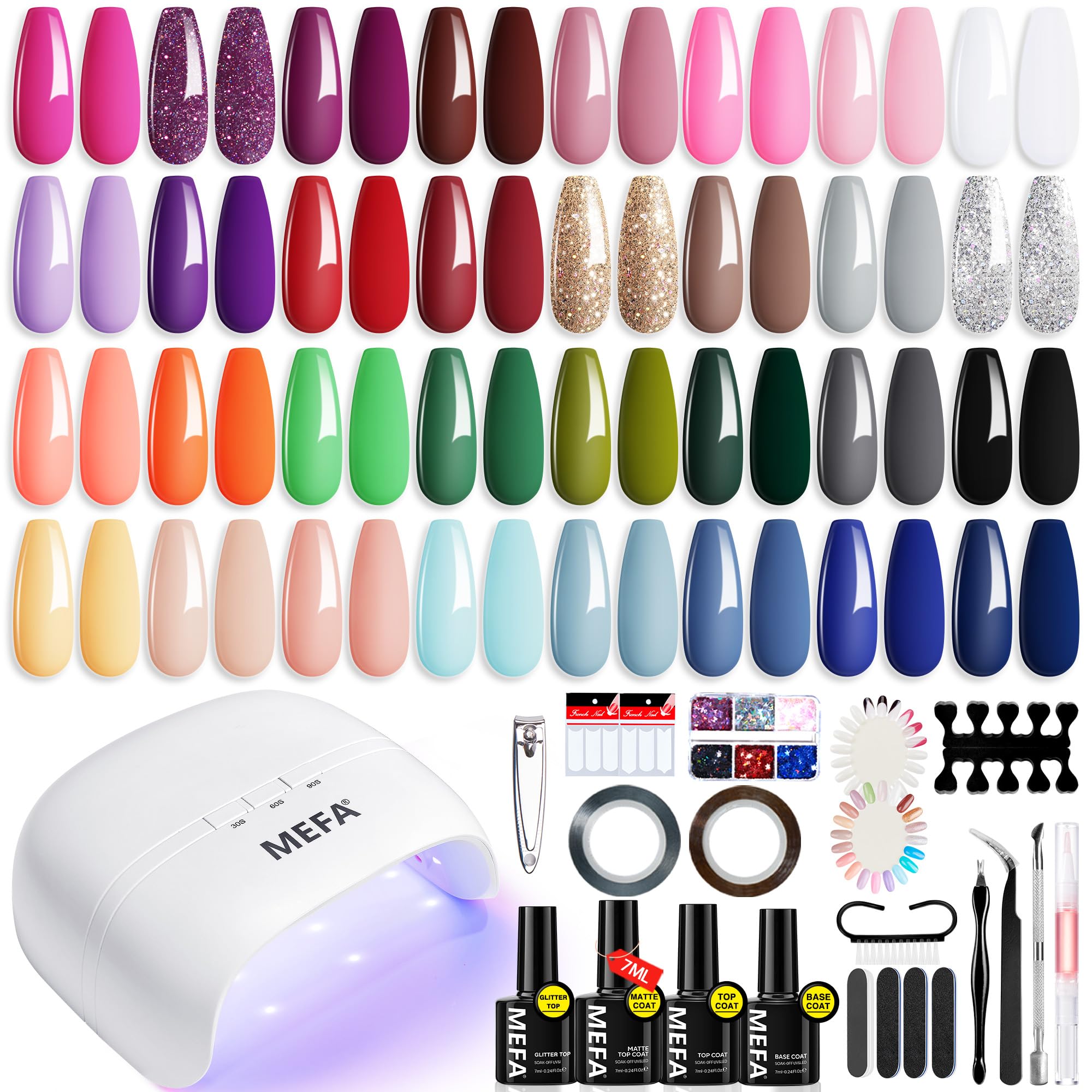 MEFA 60 Pcs Gel Nail Polish Kit with U V Light, 32 Colors Popular Soak Off Nude Pink Red Gel Polish Nail Set with Matte/Glossy Gel Top Base Coat Manicure Tools Nail Art Decorations DIY Salon