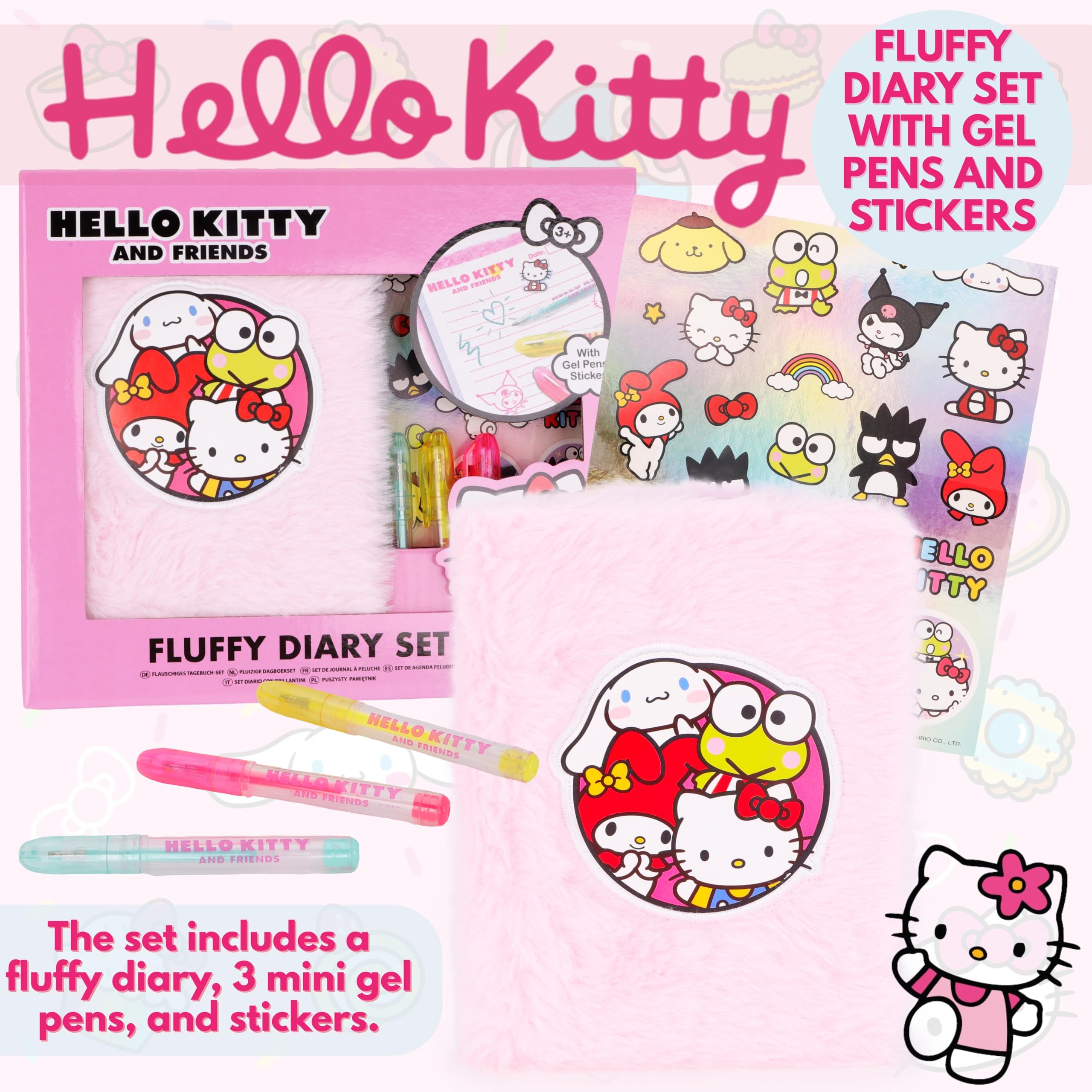 Toyland® Hello Kitty And Friends Pink Fluffy Diary Set, Fluffy Diary, 3 Mini Gel Pens, And Stickers - Image 2