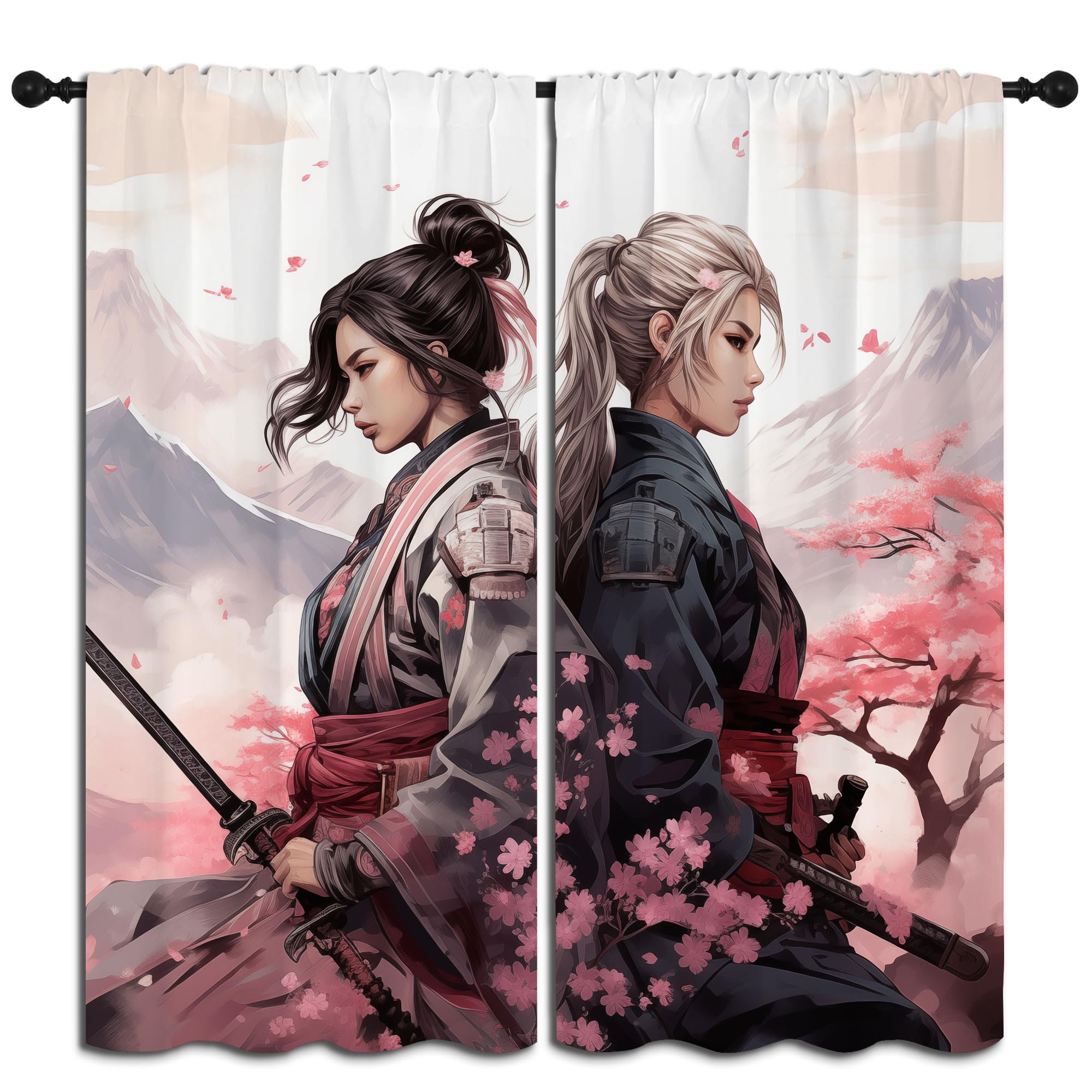 PYMATYTN Japanese Anime Blackout Curtains for Boys Girl Bedroom Decor,Cherry Blossom Female Samurail Thermal Insulated Rod Pocket Drapes Darkening