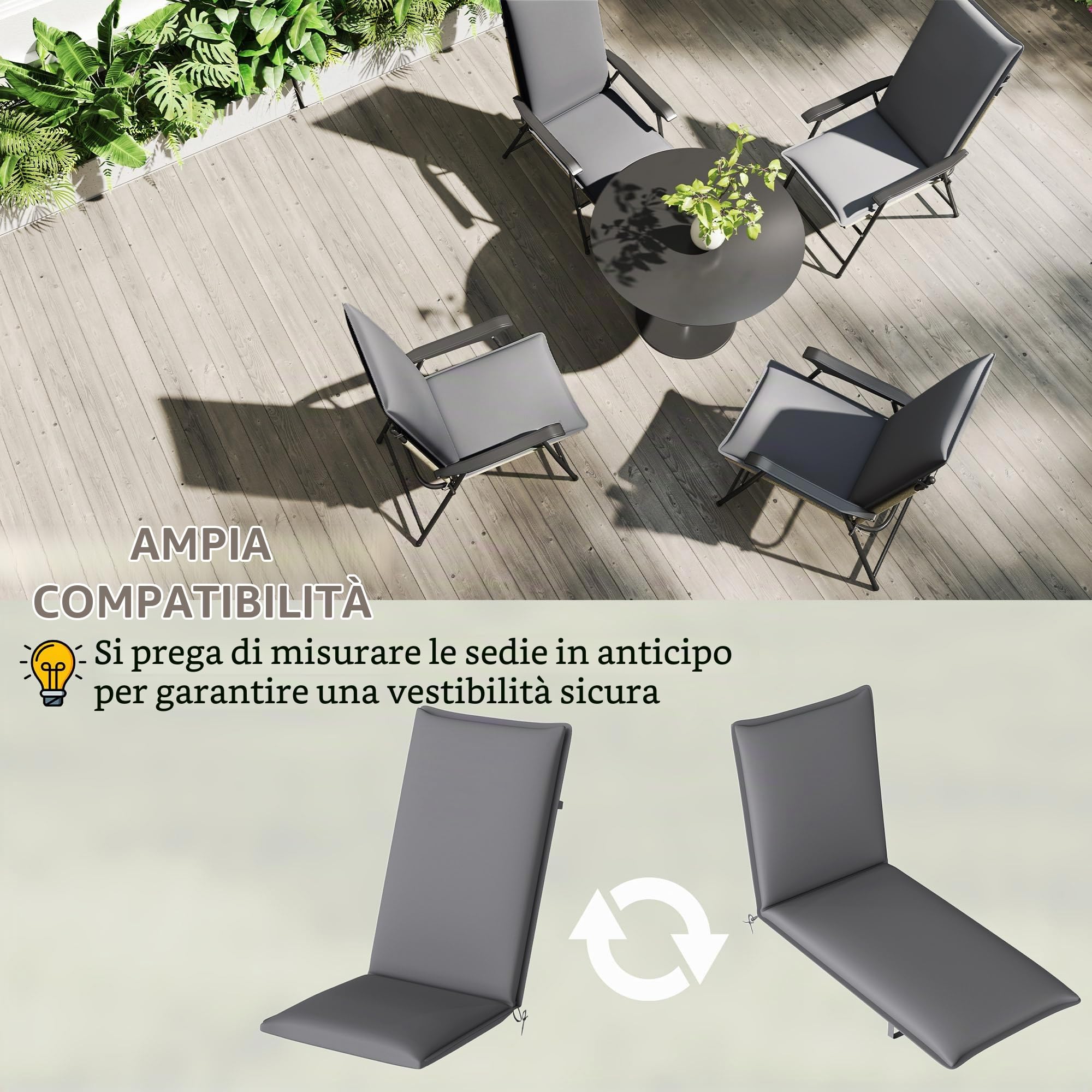 Outsunny Set da 4 cuscini per sedia da esterno UPF50+ 124x50x5cm Grigio | Cuscino per sedia schienale alto, lacci & cinghia regolabile, tessuto tinto resistente sbiadimento, per giardino, patio.
