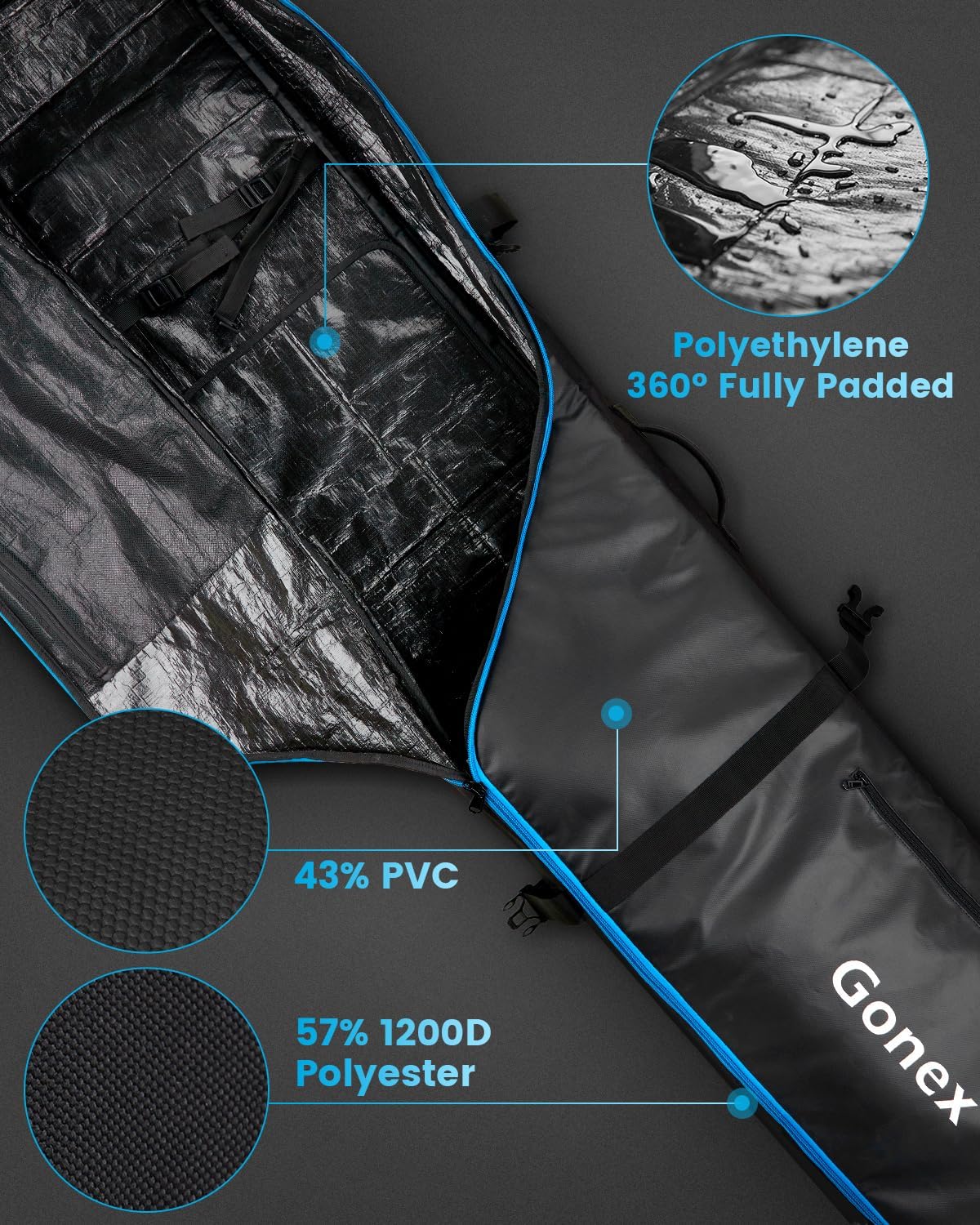 Gonex Snowboard Bag with Wheels,Adjustable Length Up to 175cm to 190cm, Fully Padded Ski Bag for Air Travel, 1200D Polyester PVC Waterproof Rolling Ski Bag with Skis Strapes