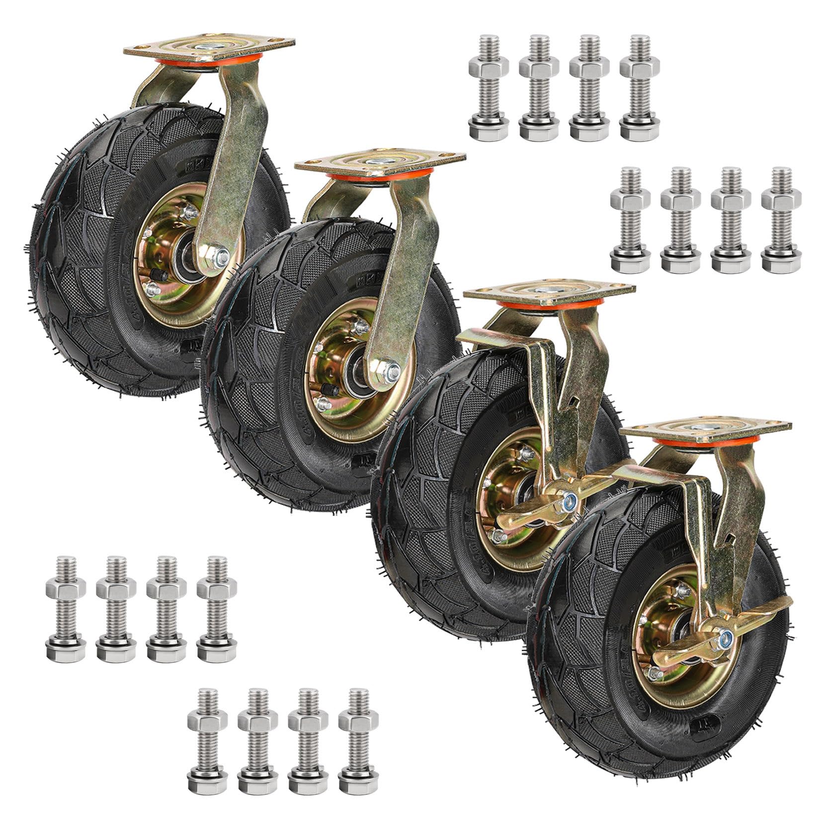Rotelle Industriali In Gonfiabile ​di Gomma Per Impieghi Gravo 4 Pezzi 200mm 250mm, Silenziose Con Piastra Superiore Ruota Di Trasporto, Rotelline Di Ricambio Per Carrelli E Mobili (Color : Swivel+Br