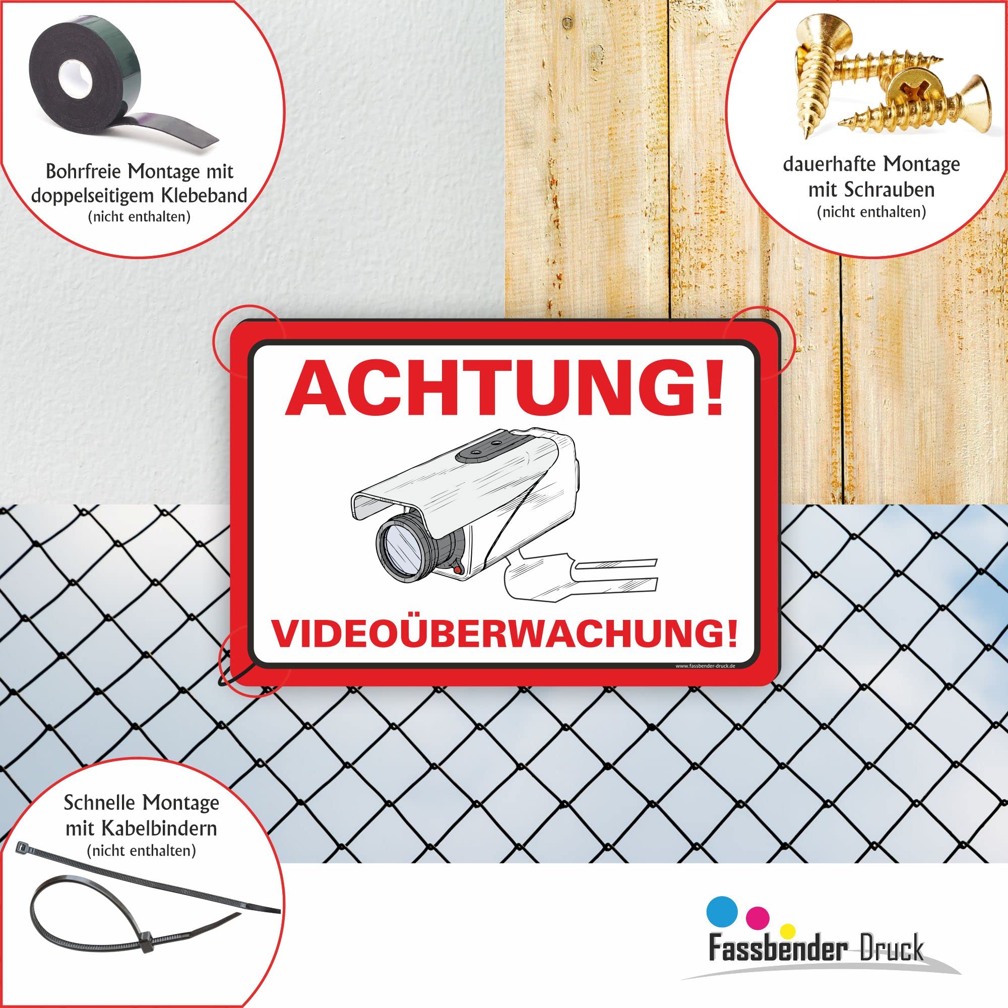 ACHTUNG VIDEOÜBERWACHUNG Schild zum Markieren eines videoüberwachten Bereiches - Aluverbundplatte für ein Videoüberwachungsschild - (90x60cm SCHILD)