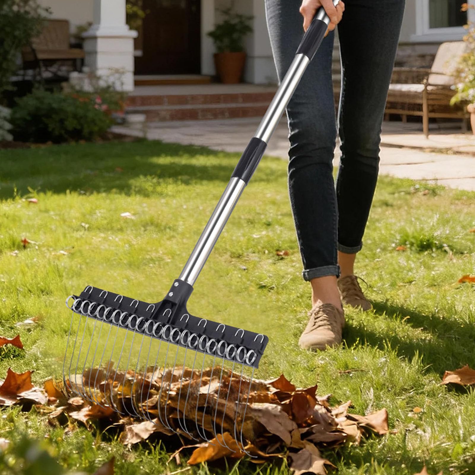 Luocute Rastrello da Giardino, Rastrello per Foglie in Filo D'acciaio Largo 16,3 Pollici con Supporto a Molla Angolato e Denti Autopulenti, per Foglie, Pacciame, Aghi di Pino,