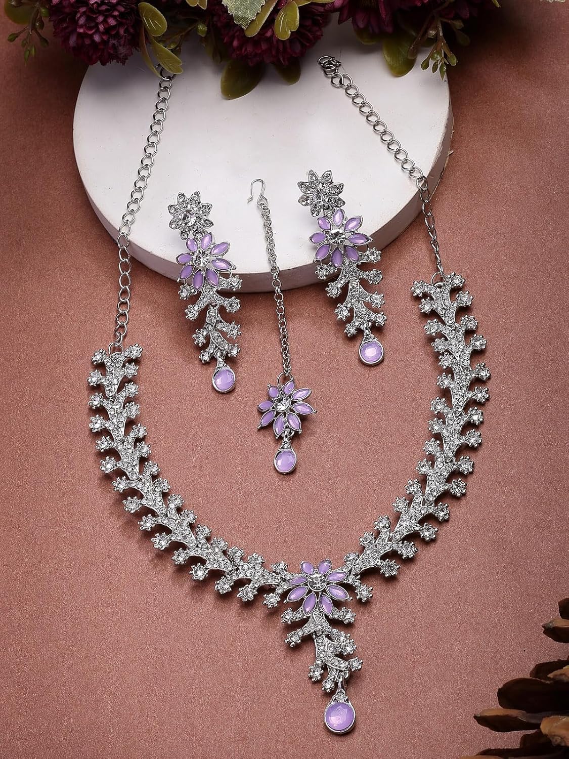 Sukkhi Charming AD Diamonds Studded Floral Choker Necklace with Danlge Earrings Maangtikka Jewellery Set for Women & Girls - Image 10