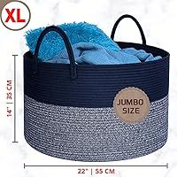 Vista 2 de MINTWOOD Design Cesta decorativa de cuerda de algodón tejida extragrande de 22 x 14 pulgadas, para sala de estar, con asas largas, cesta