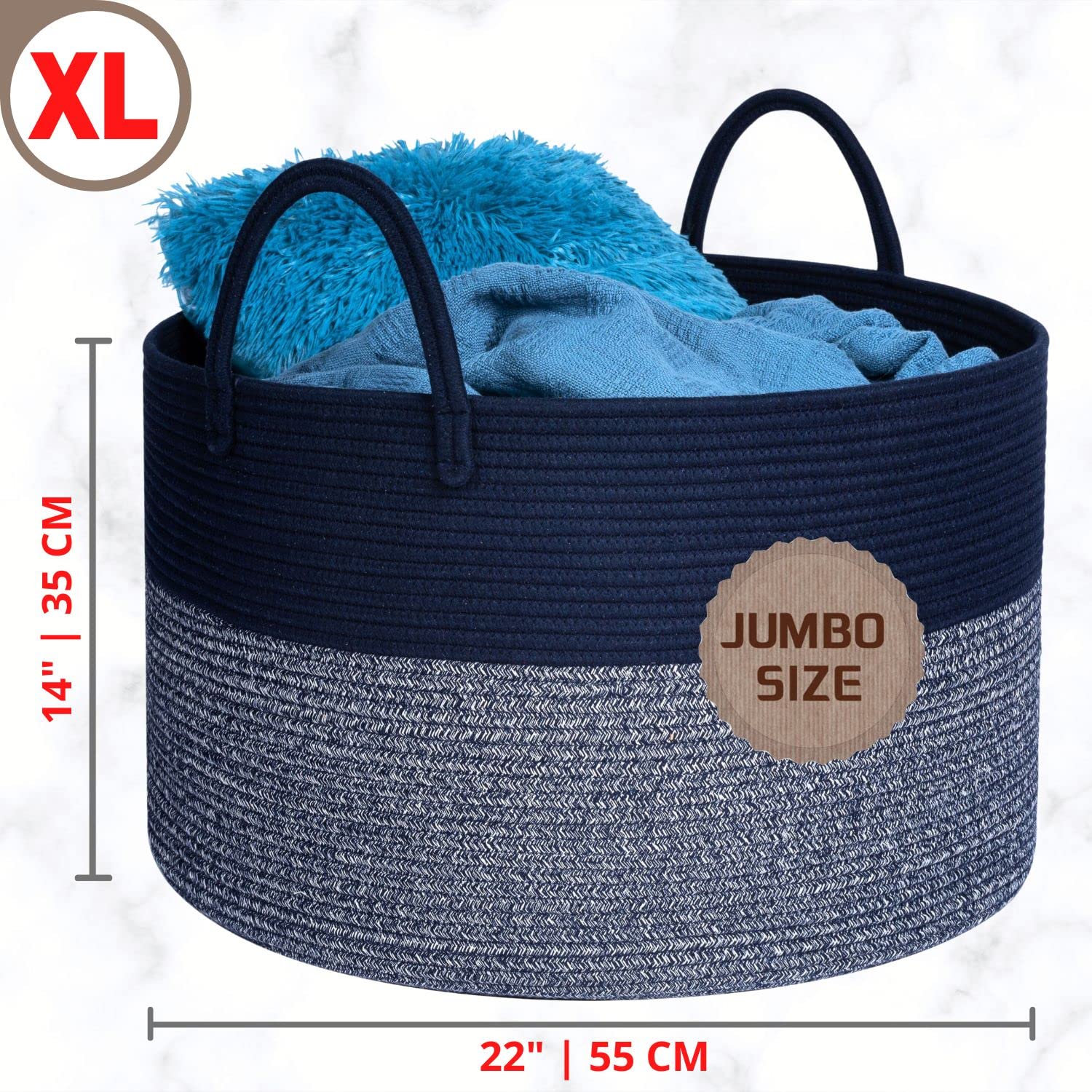 MINTWOOD Design Extra Large 22 x 14in Decorative Woven Cotton Rope Blanket Storage Basket Bin Living Room with Long Handles, Laundry Hamper for Pillows, Pool Towels, Dog Toys, Shoes, Navy Blue