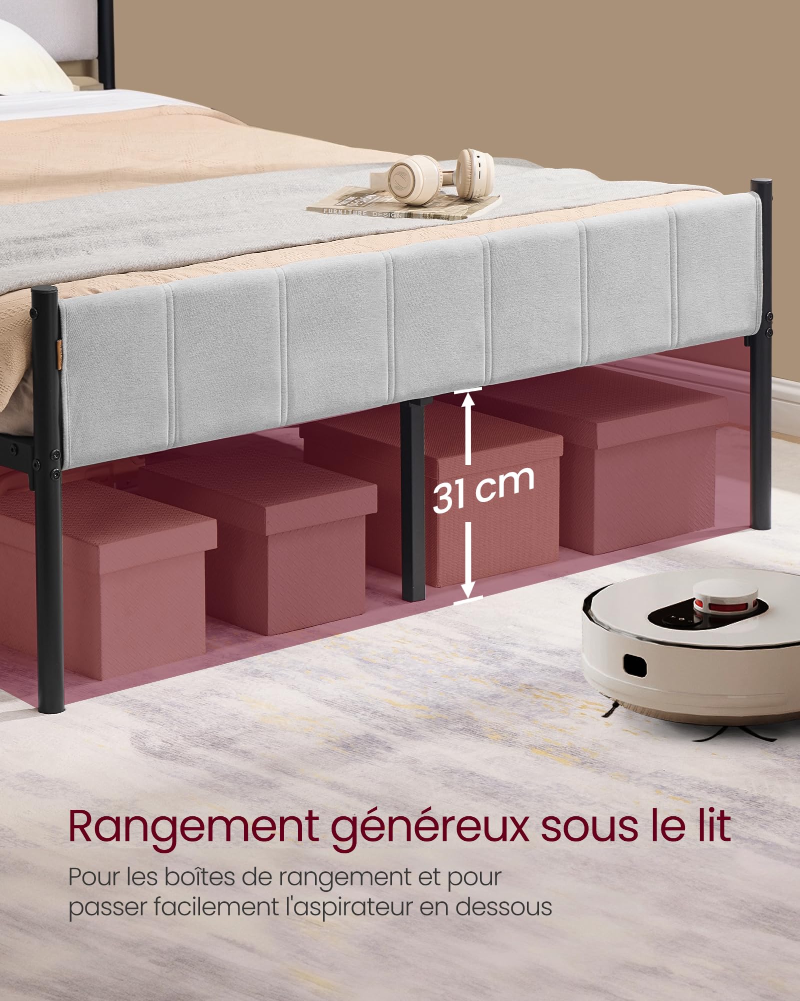 VASAGLE Cadre de Lit Double, 140 x 190 cm, avec Tête de Lit Rembourrée, en Acier, Supporte Jusqu'à 500 kg, Montage Facile, Gris Tourterelle RMB973G01