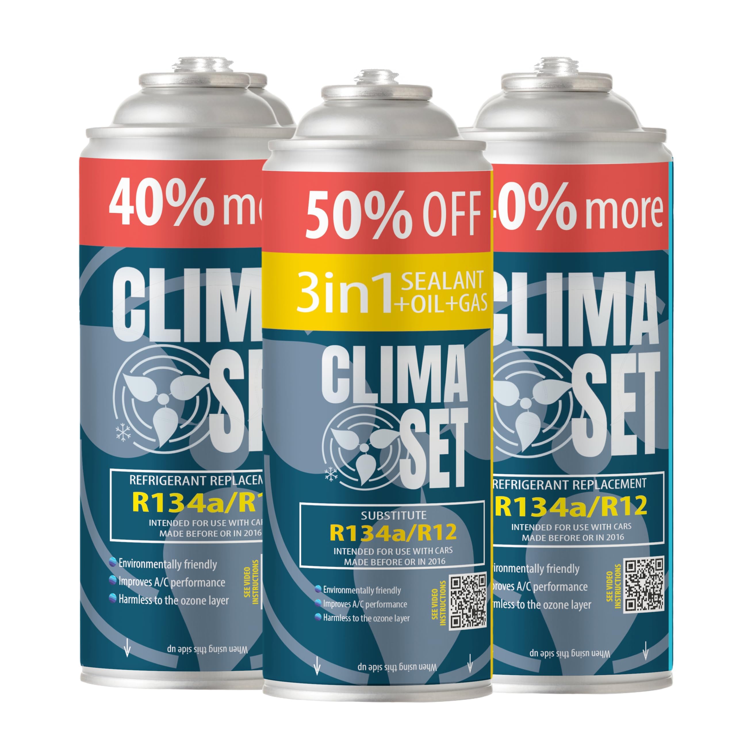 Kit of 1x R134a Gas Replacement and 2x 3in1 Air Conditioning Refrigerant/Gasket/Oil - for Car Air Conditioning - Refrigerant for Car Air Conditioning - 3 x235 g