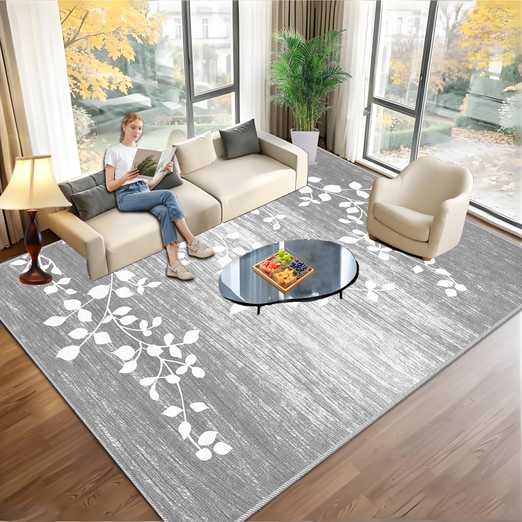 Tapis de salon 130 x 170 cm lavable en machine avec revêtement de sol antidérapant moderne