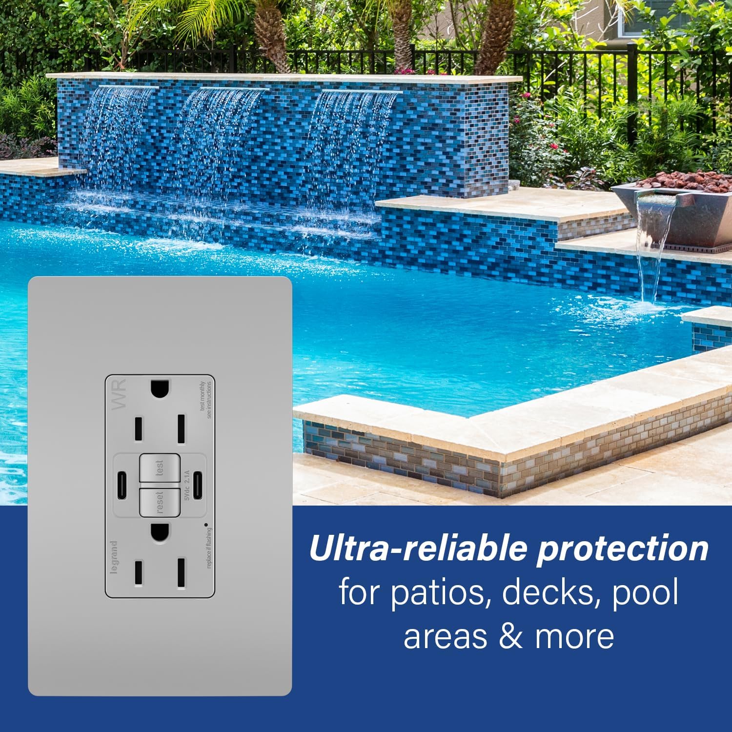 Legrand Pass & Seymour Radiant 15 Amp GFCI Weather-Resistant Wall Power Outlet with 2.0 Amp USB Charger, Gray