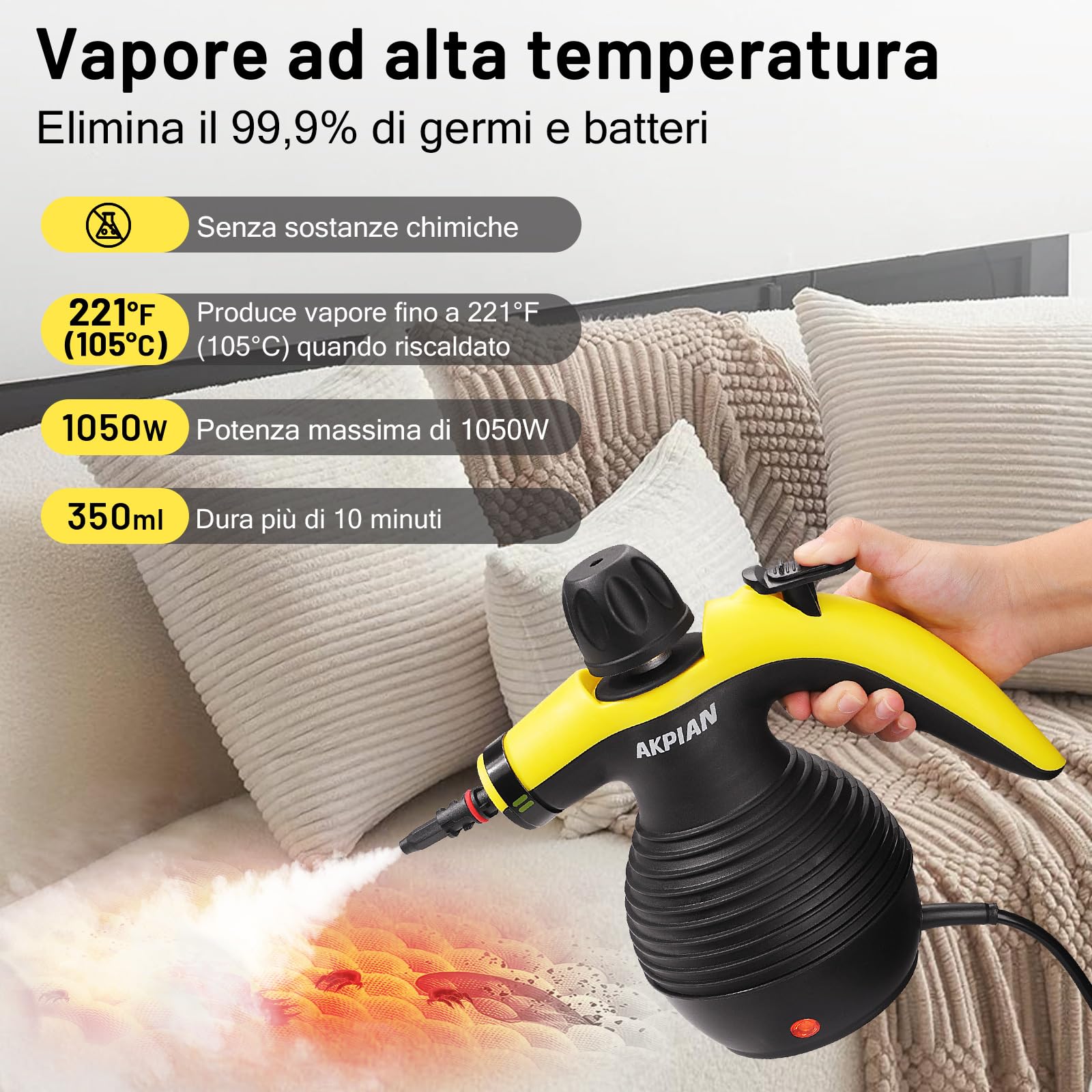 Pulitrice a Vapore Portatile, Steam Cleaner con 10 Accessori