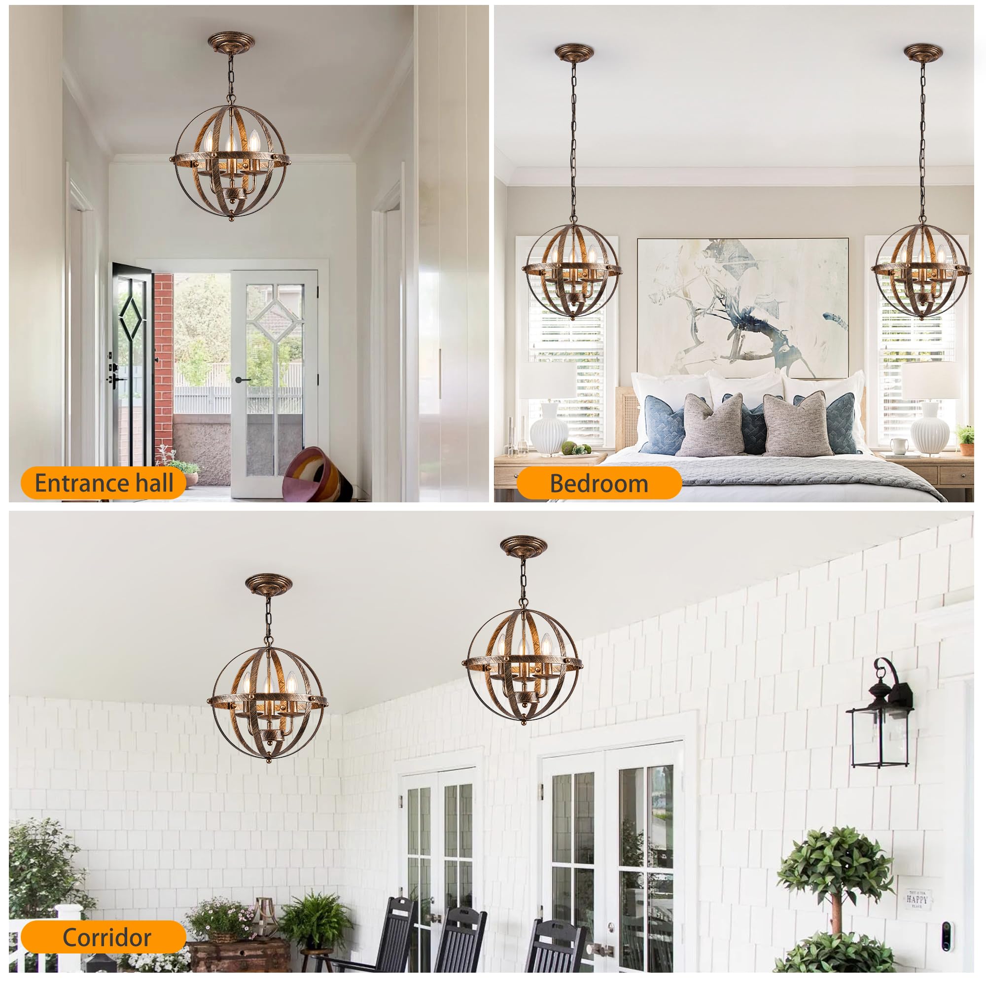Ganeed Pendelleuchte Industrial Globe Farmhouse Beleuchtung Vintage Kronleuchter Kugelförmige hängende Deckenleuchte für Küche Insel Esstisch E14 Bronze 3 Licht