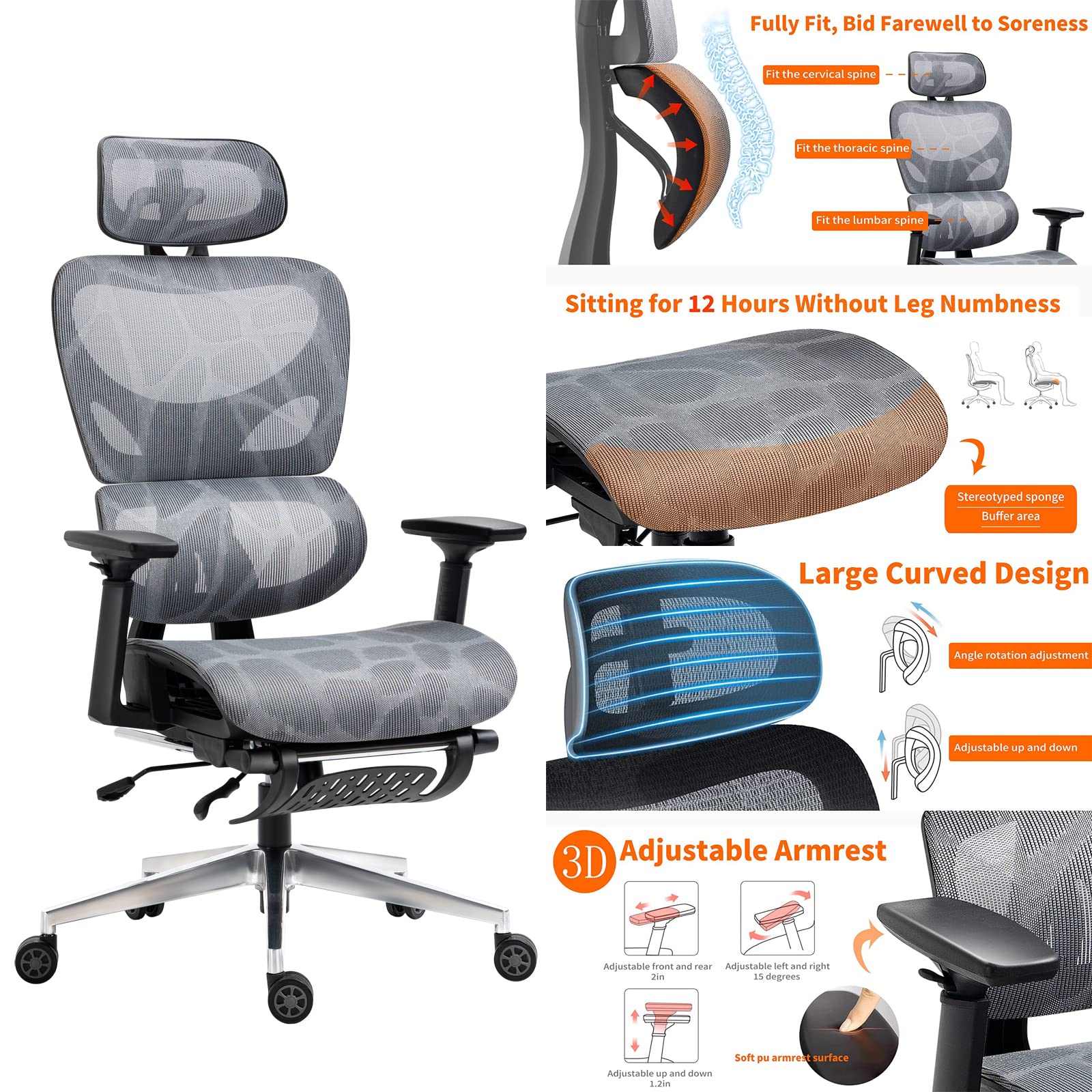 Buy Ergonomic Office Chair with Foot Rest, Home Desk Chair, Comfy