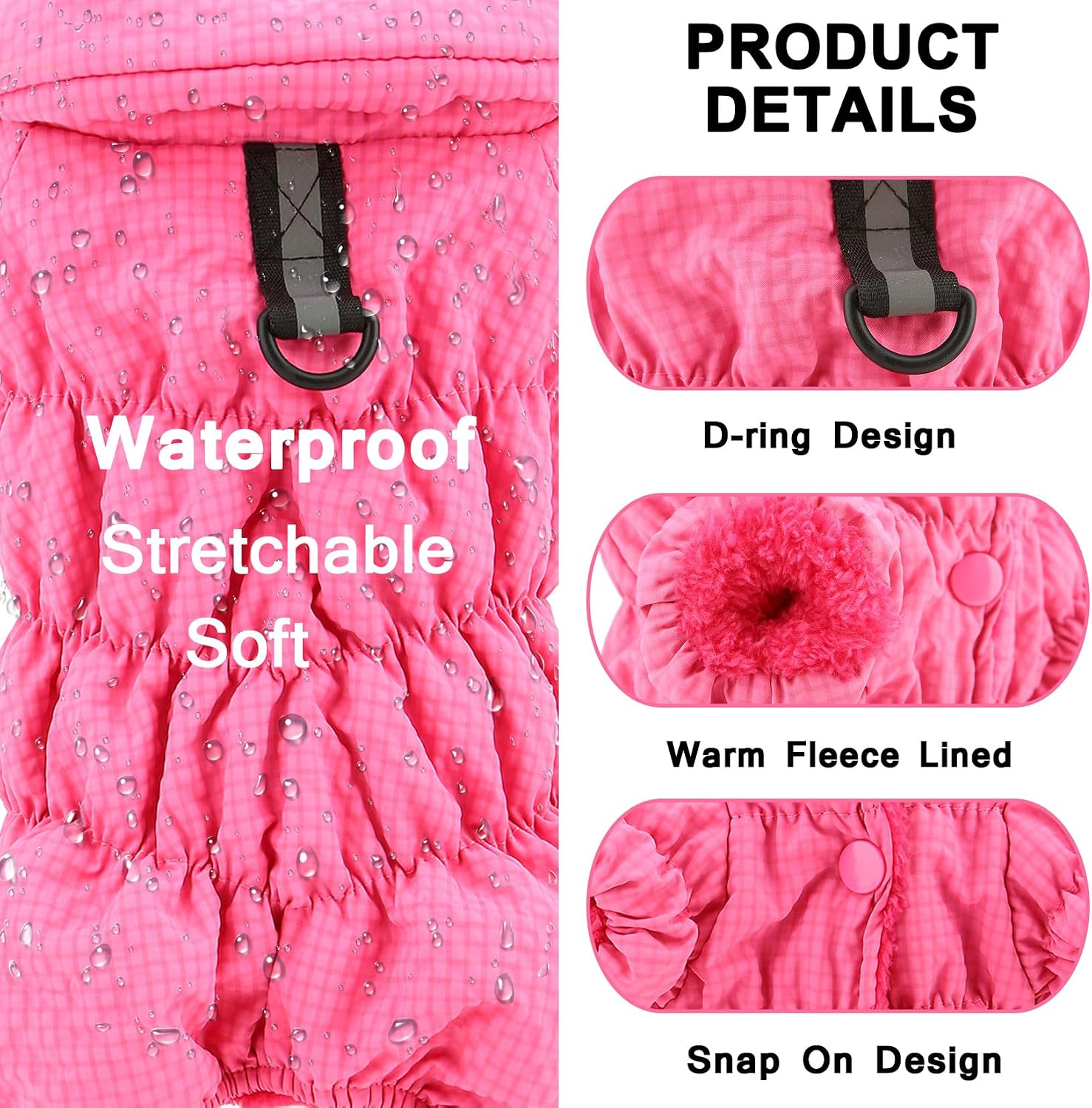 SMALLLEE_LUCKY_STORE Fleece Lined Pet Coat Waterproof Sport Winter Jacket with Harness D-Ring for Small Dog Cat Reflective Jumpsuit Puppy Padded Chihuahua Yorkie Warm Clothes, Pink, XXL