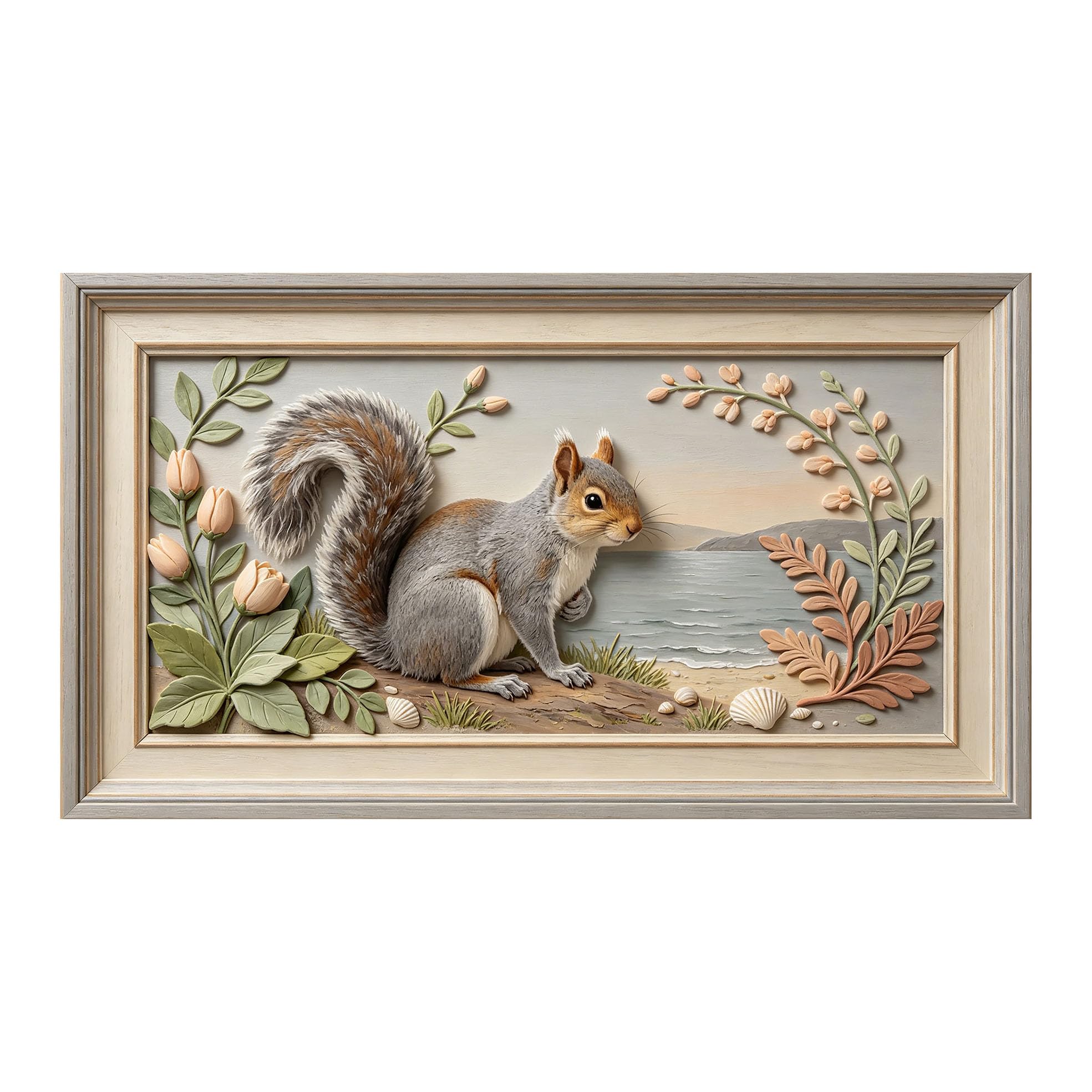 Murasolite 3D 3D Framed Wall Art 50cm×90cm Coastal Squirrel Seaside Landscape Relief Effect SelfAdhesive Fabric Mural Wall Decor, Peel and Stick No Damage to Wall for Bedroom Living Room