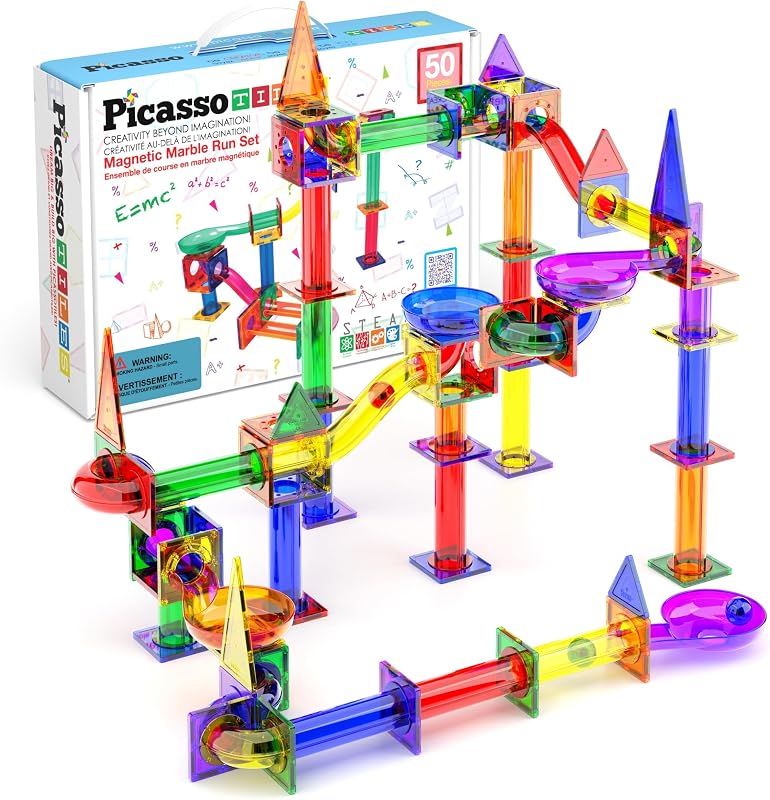 Juego de construcción educativo STEM de juguete de carrera de canicas magnéticas de 50 piezas | Construcción de plástico sin BPA, seguimiento de la coordinación a partir de 3 años, habilidades motoras finas y razonamiento espacial, juego de simulación creativo