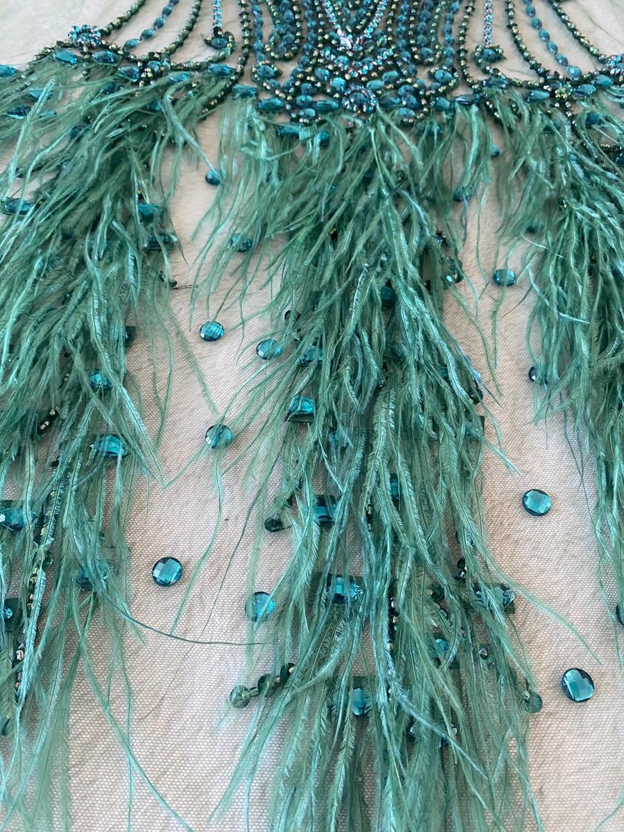 Zbroh Beautiful Ostrich fur decoration large full bodice applique pure handsewing rhinestones beads lace trim patches
