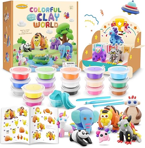 Drama Planet Kit de arcilla seca al aire para niños, viene con guía de instrucciones con 4 escenas y 26 tutoriales de proyectos, 18 latas de arcilla