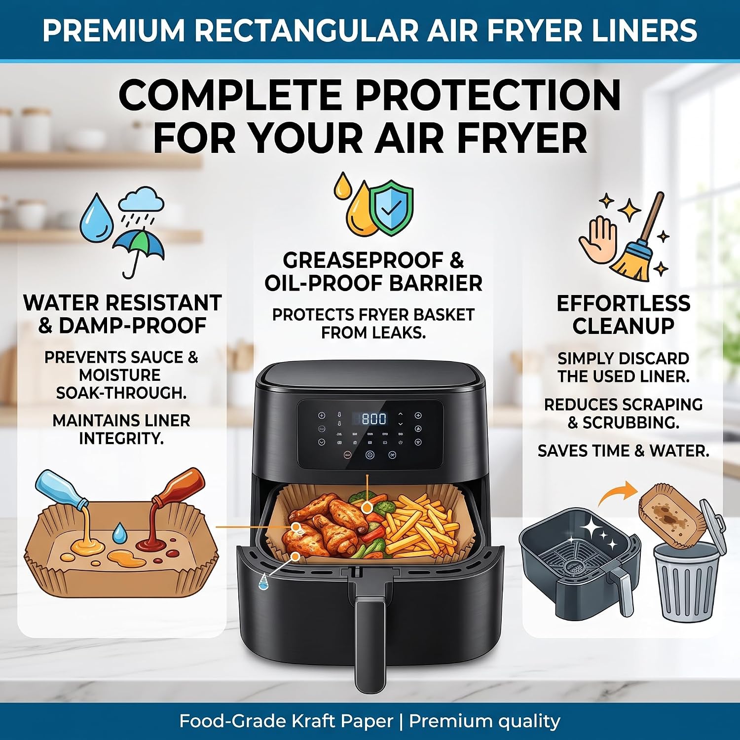 Air Fryer Liners Disposable Rectangular.100pcs Virgin Pulp Parchment Paper for 4qt-6qt Air Fryer.Food Grade,Non-stick, Oil-proof & Heat Resistant for Baking,Microwave,Cooking & Deep Fryer Accessories